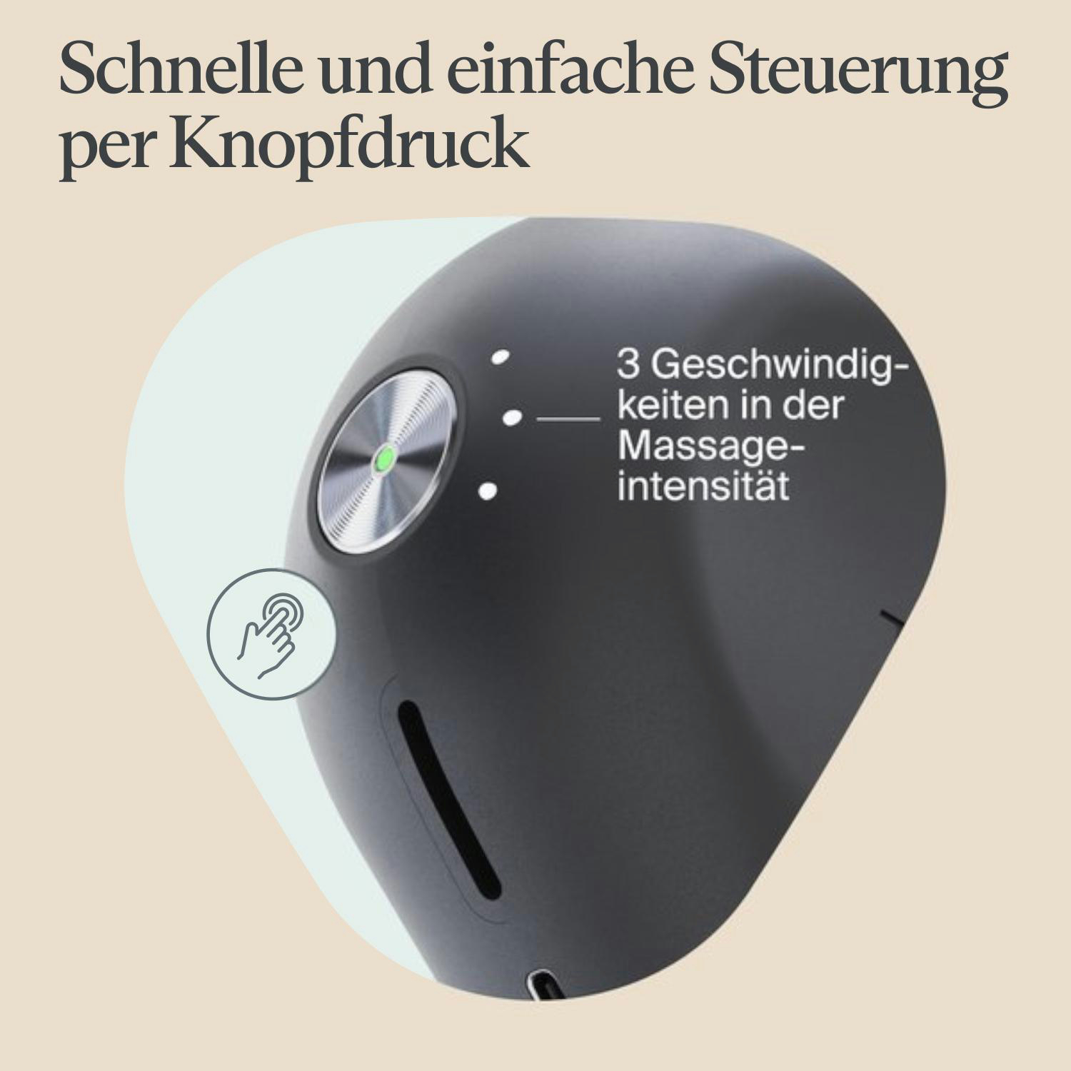 Ein schwarzes Massagegerät mit silbernem Knopf und Kontrollleuchten. Text: '3 Geschwindigkeiten in der Massageintensität'. Hintergrund ist beige.