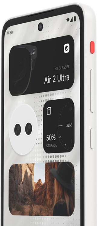 Egy fehér okostelefon felülete, amely az 'Air 2 Ultra' szemüveget, tárhelyet és egy tájképet mutat egy személlyel.