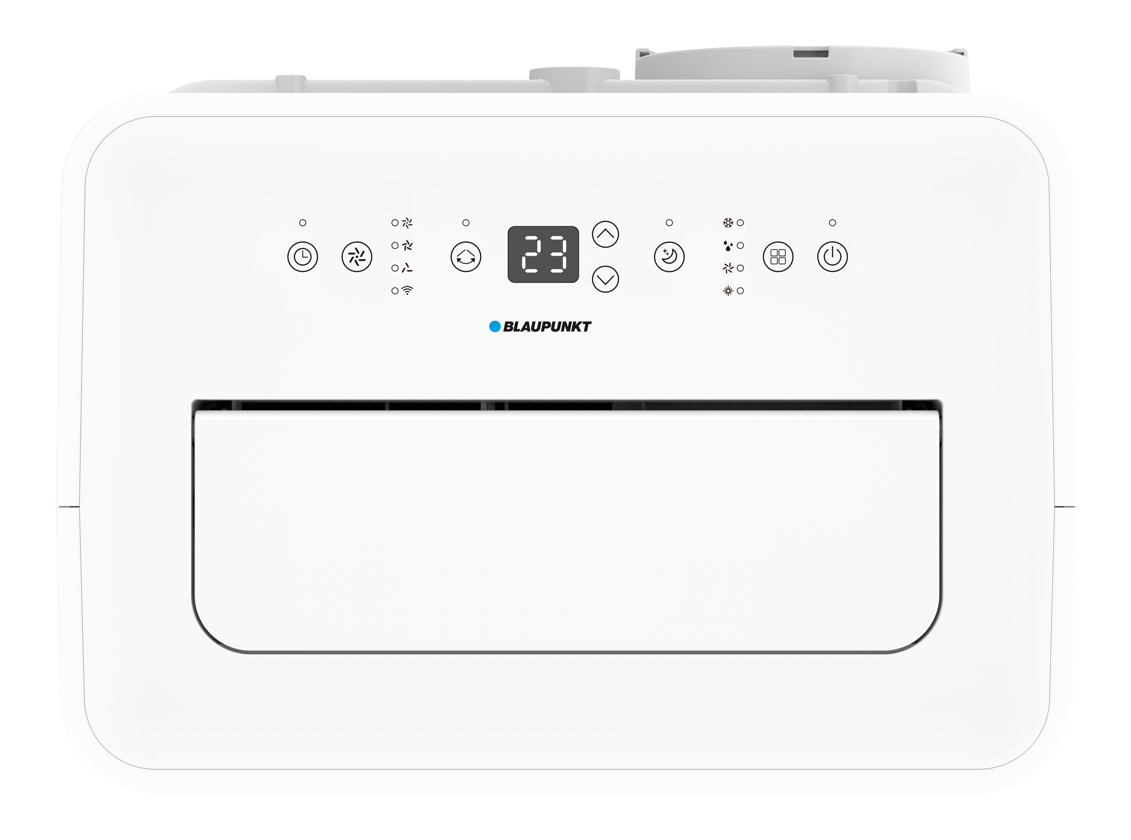 Biały klimatyzator Blaupunkt. Posiada cyfrowy wyświetlacz z '23', różne ikony funkcji i przycisk zasilania.