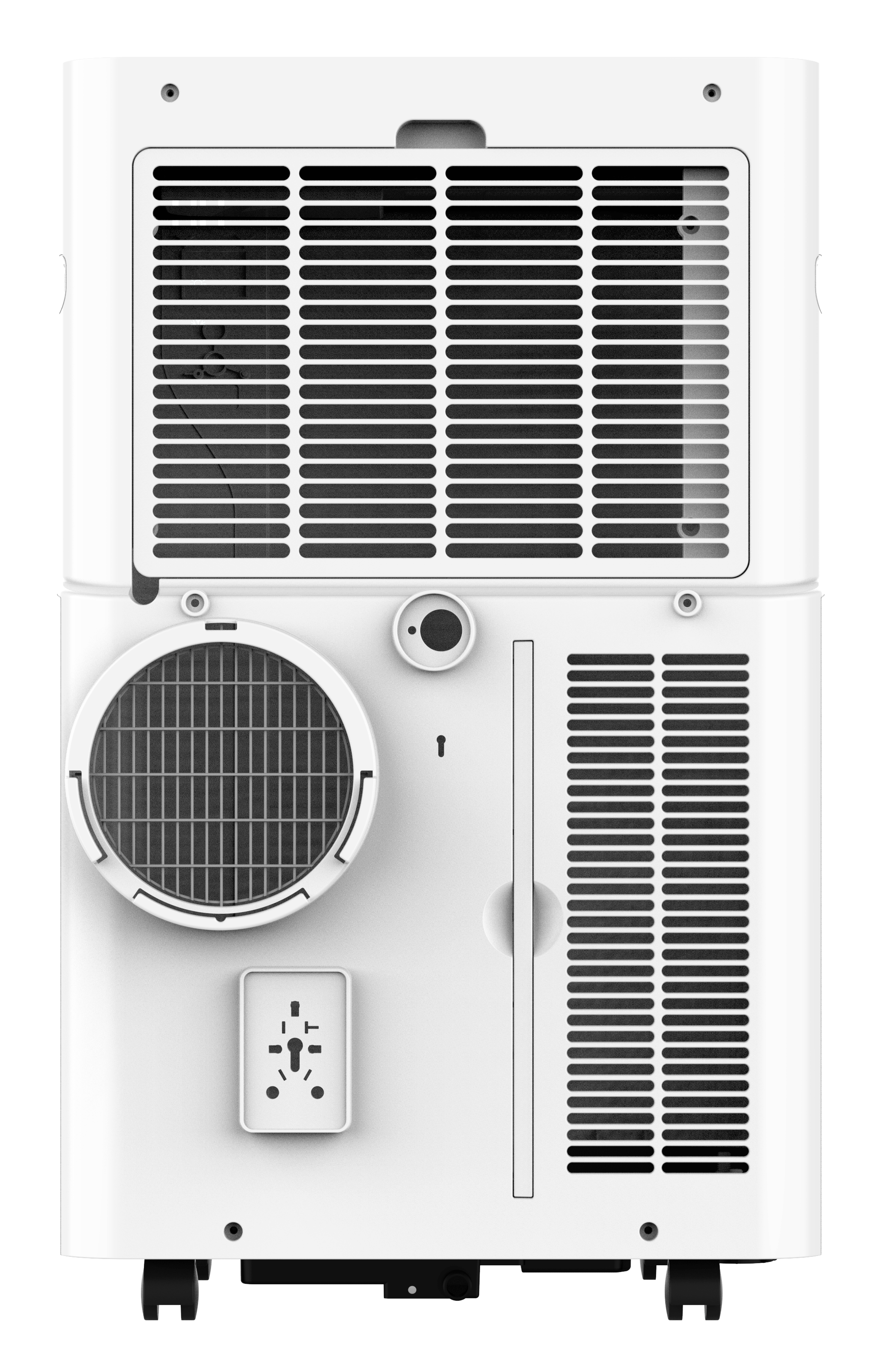 Biały przenośny klimatyzator. Posiada otwory wentylacyjne, okrągły wentylator, gniazdo zasilania i panel sterowania.