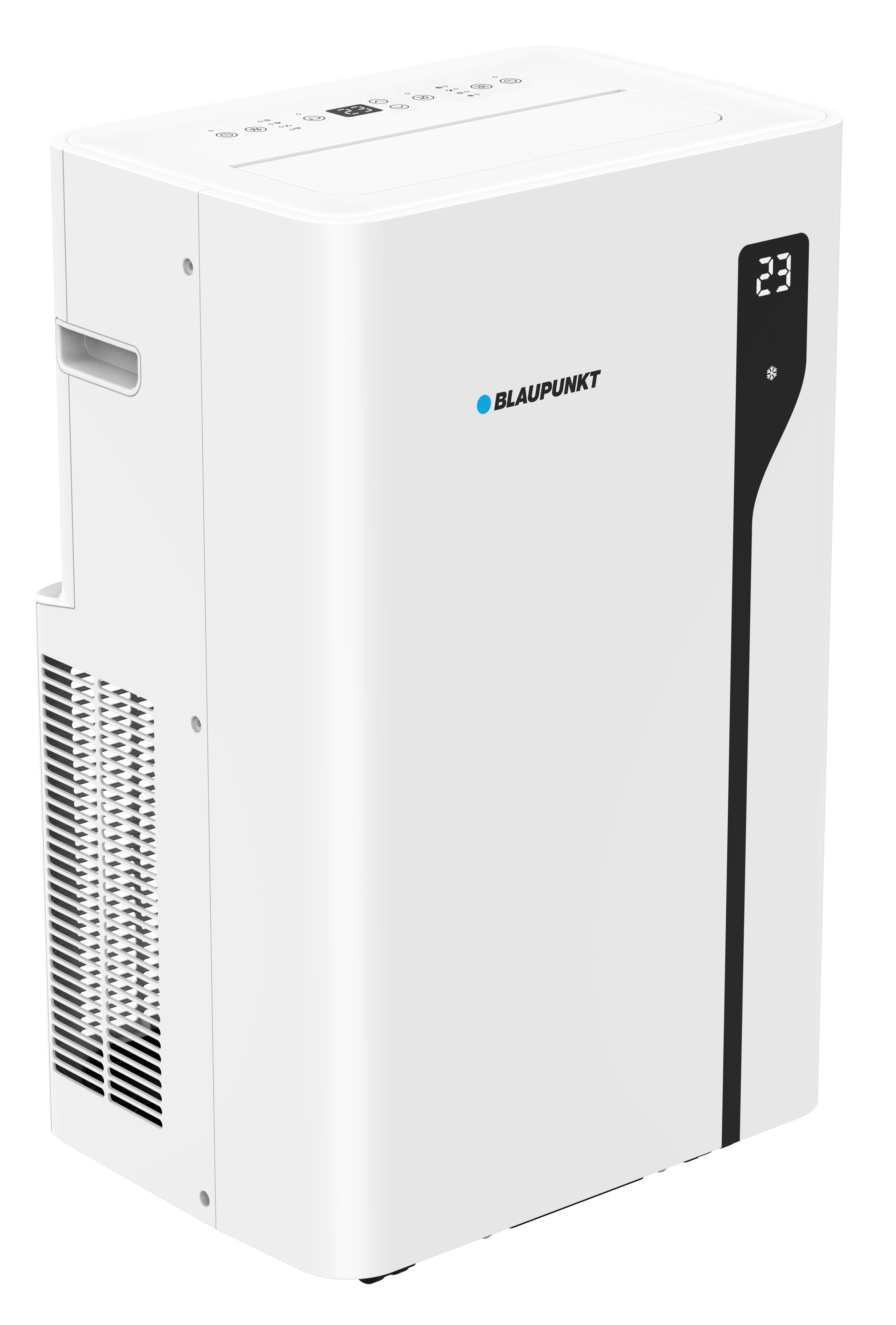 Biały przenośny klimatyzator Blaupunkt. Ma cyfrowy wyświetlacz z 23. Czarne akcenty i otwór wentylacyjny z boku.