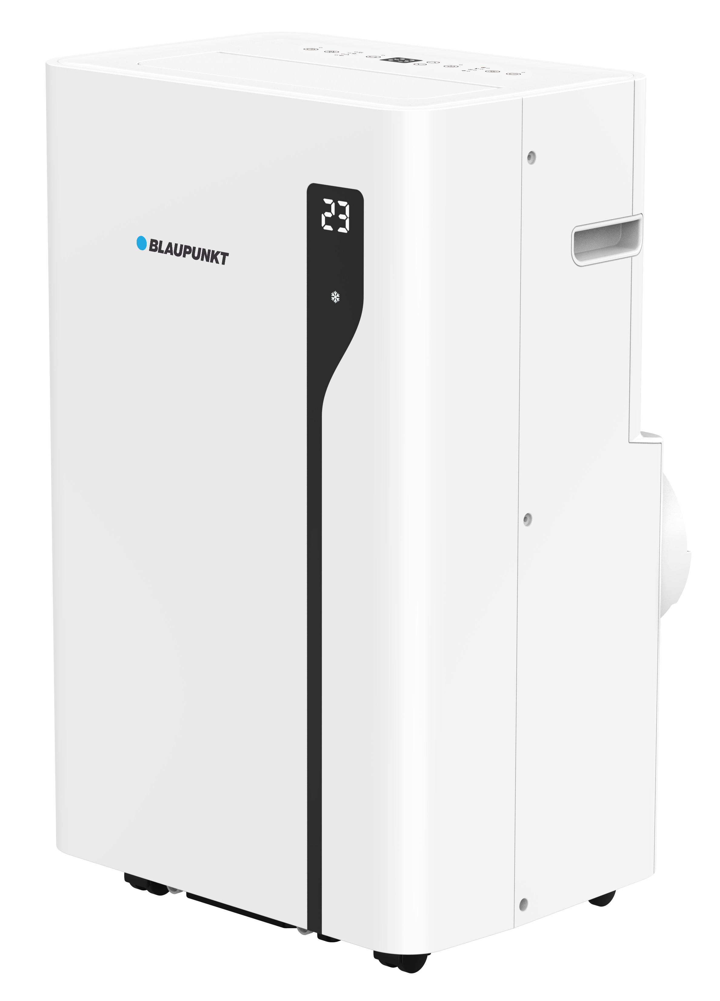 Biały przenośny klimatyzator Blaupunkt. Czarny wyświetlacz cyfrowy pokazuje 23 i ikonę płatka śniegu. Czarny pionowy pasek.