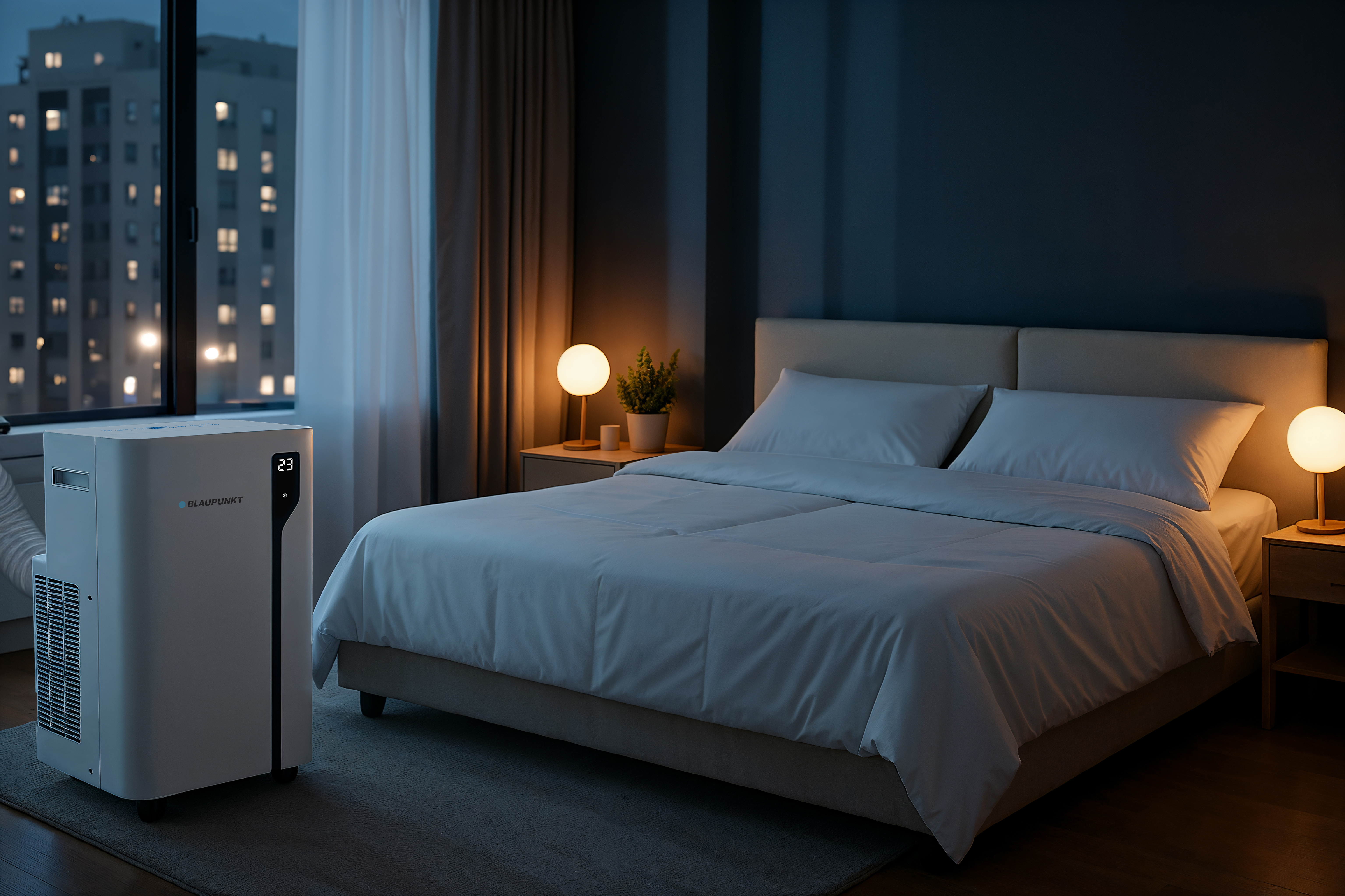 Sypialnia w nocy z łóżkiem, lampami i klimatyzacją. Światła miasta widoczne przez okno.