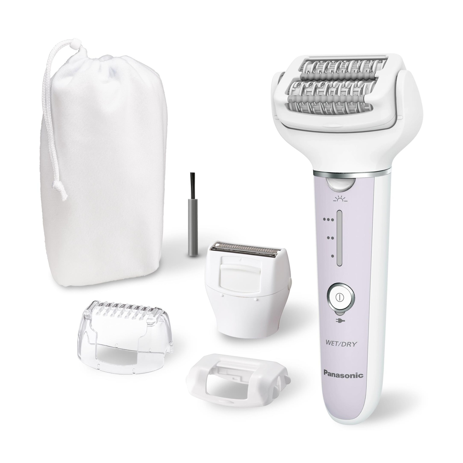 Un rasoio Panasonic per bagnato/asciutto bianco con accessori. Include una borsa, una spazzola e varie testine. Il rasoio è bianco e lavanda.
