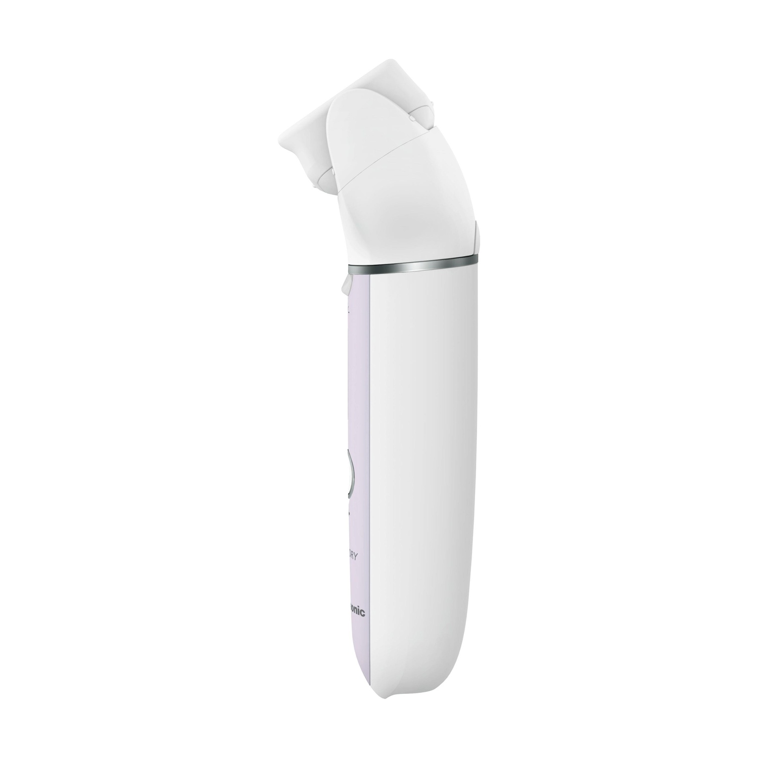 Un epilatore Panasonic bianco, un dispositivo portatile con una testa curva e un accento viola. Sfondo bianco.