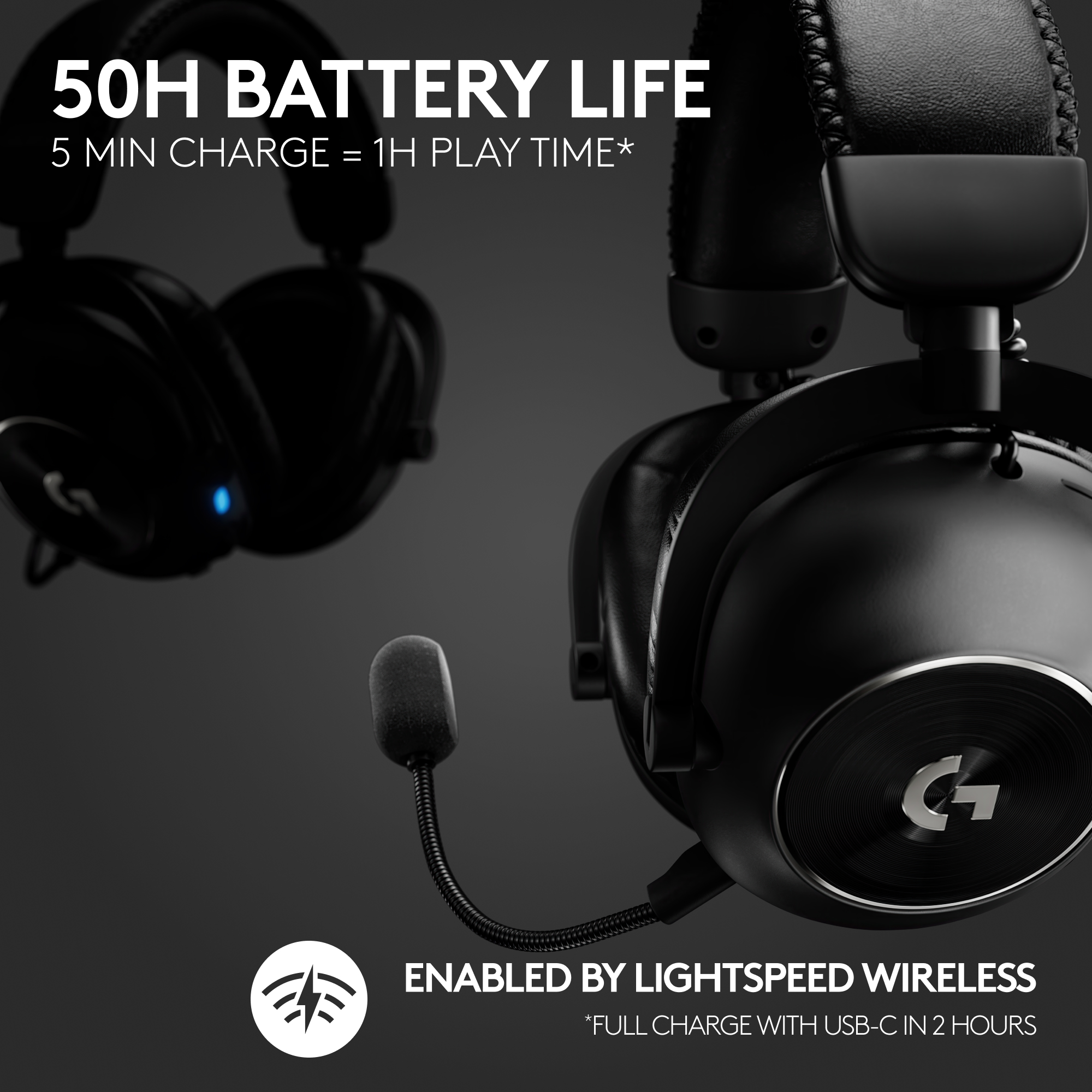 Casque noir avec micro, le texte dit : 50H d'autonomie, 5 min de charge = 1H de jeu, activé par Lightspeed Wireless.