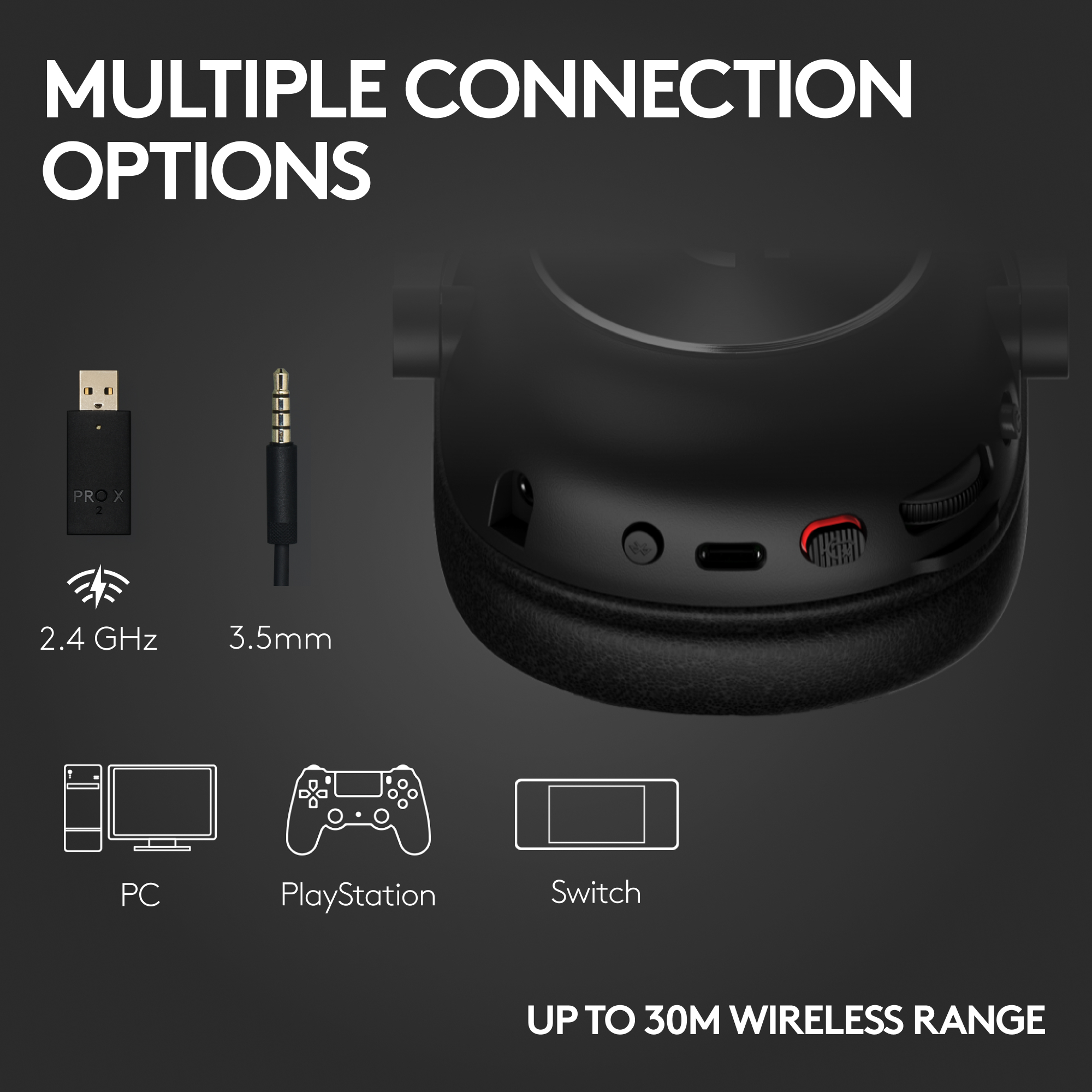 L'image montre plusieurs options de connexion pour un casque : 2,4 GHz, 3,5 mm, PC, PlayStation et Switch. Portée sans fil jusqu'à 30 m.