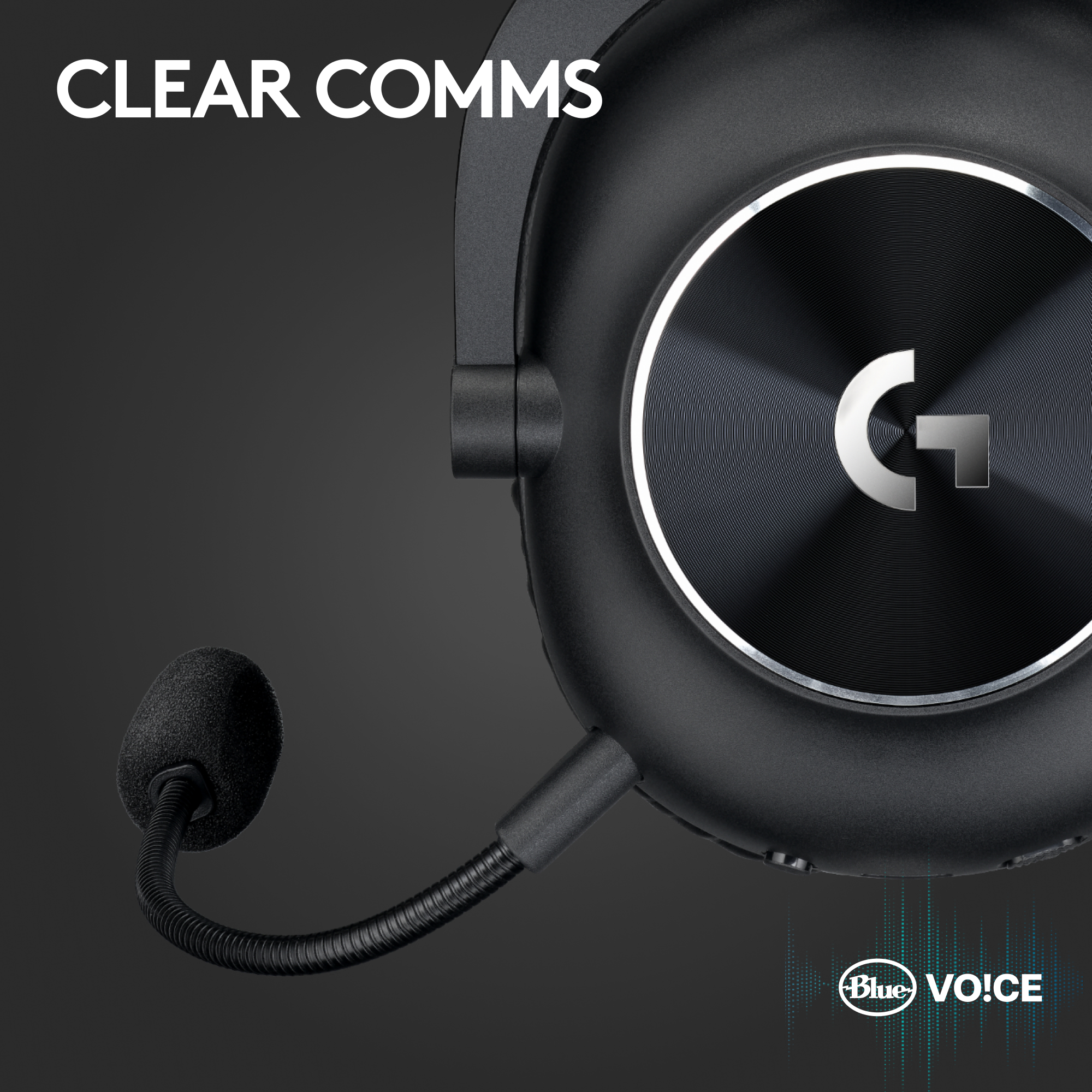 Casque noir avec microphone. Le casque a un logo argenté et un logo Blue VO!CE en bas à droite.