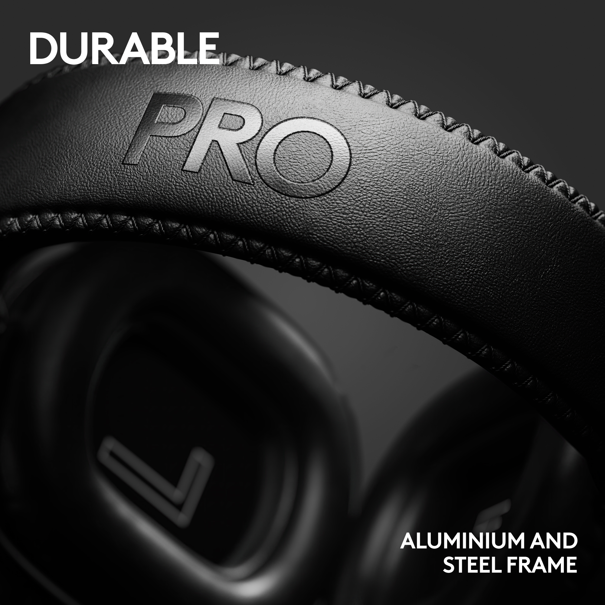 Gros plan sur un casque noir avec "PRO" en relief. Le texte "DURABLE" est au-dessus et "ALUMINIUM AND STEEL FRAME" en dessous.