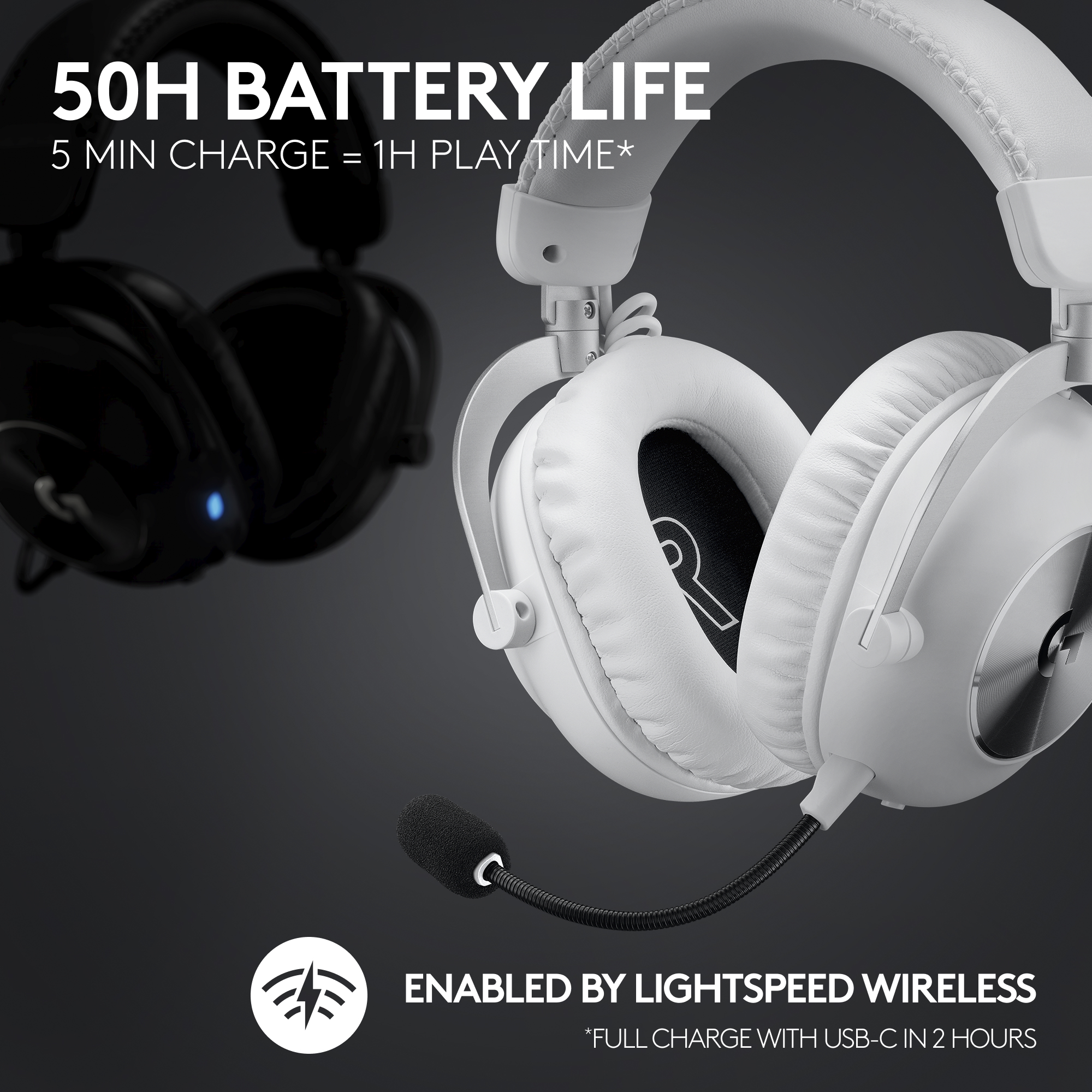 Weißes Headset mit schwarzem Mikrofon. Text: 50H Akkulaufzeit, 5 Min. Laden = 1H Spielzeit. Aktiviert durch Lightspeed Wireless.
