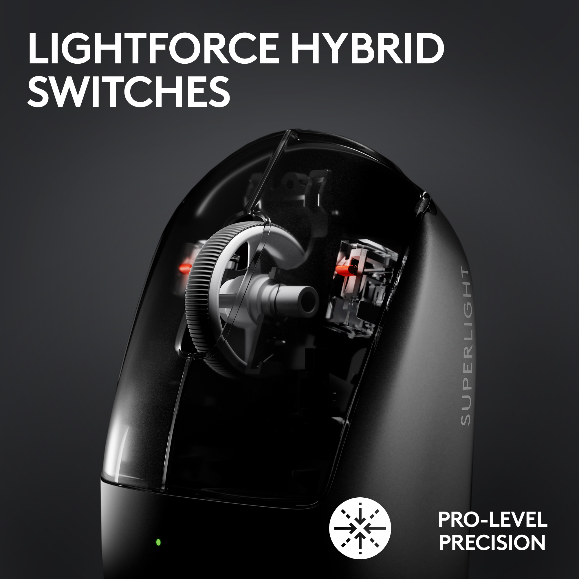 Nahaufnahme einer schwarzen Gaming-Maus mit transparenten Teilen, die interne Zahnräder und rote Beleuchtung zeigen. Text: 'LIGHTFORCE HYBRID SWITCHES'.
