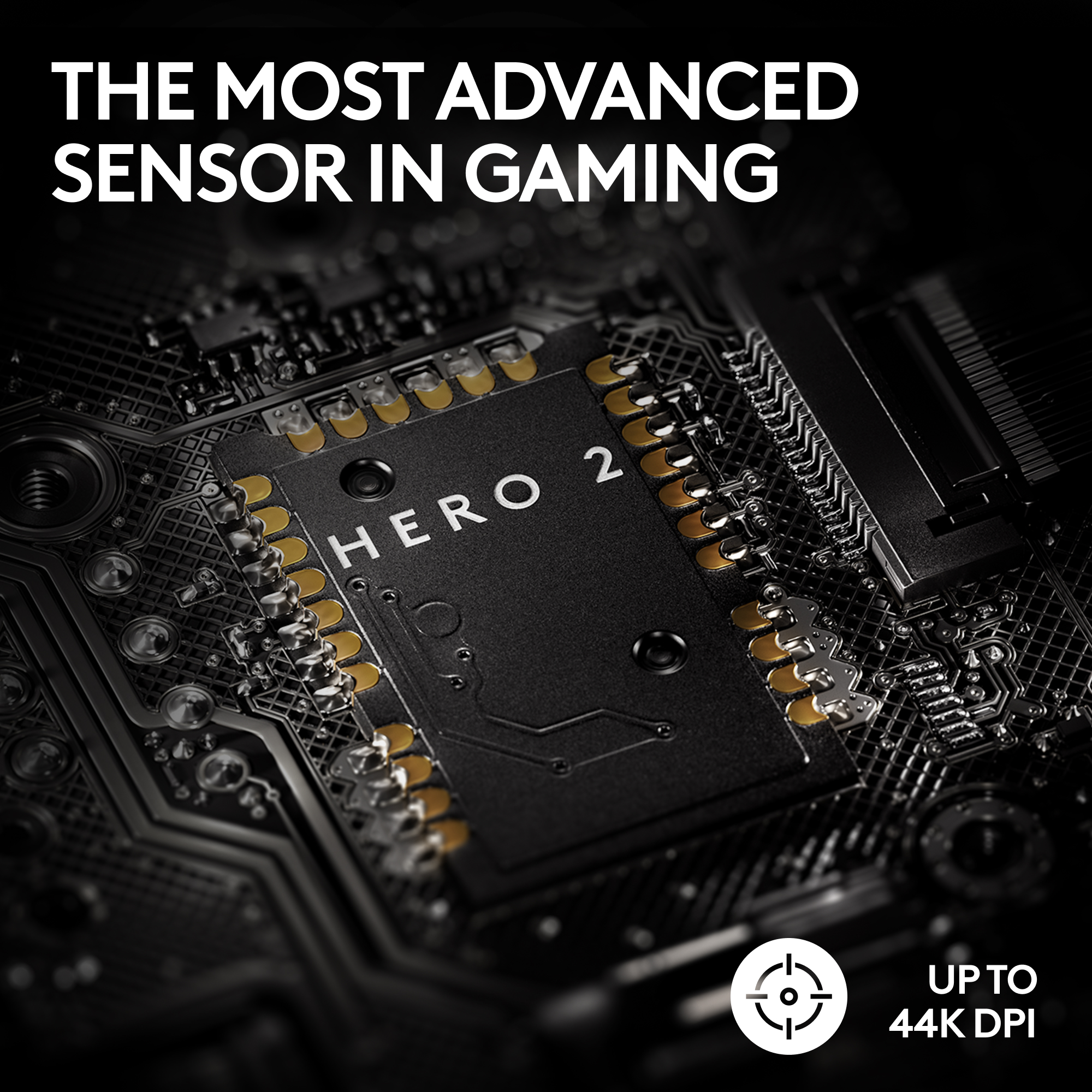 Nahaufnahme einer schwarzen Leiterplatte mit 'HERO 2' und gelben Anschlüssen. Text: 'DER FORTSCHRITTLICHSTE SENSOR IM GAMING'.