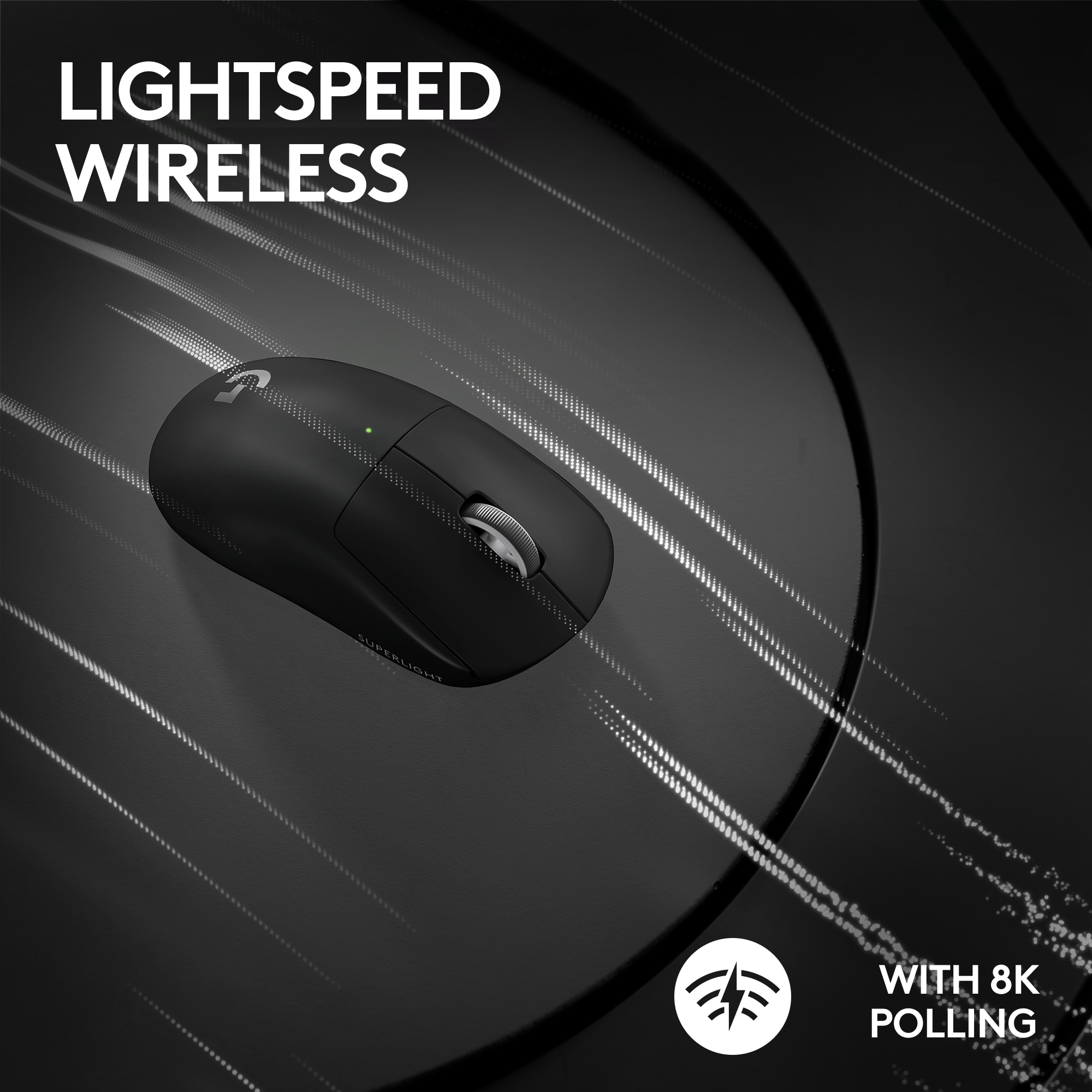 Schwarze kabellose Maus mit silbernem Scrollrad, grünem Licht und Text 'LIGHTSPEED WIRELESS'. Hintergrund hat weiße Streifen.
