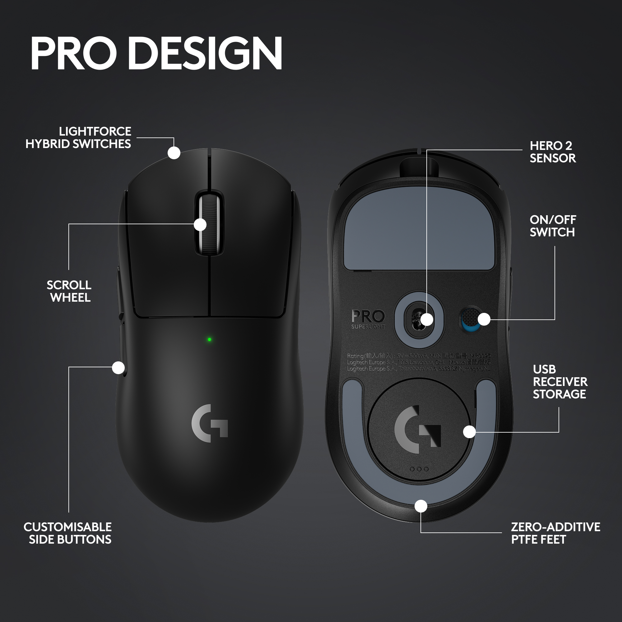 Schwarze Logitech Pro Superlight Maus. Merkmale sind Seitentasten, Scrollrad und Hero 2 Sensor. Mit USB-Empfänger.