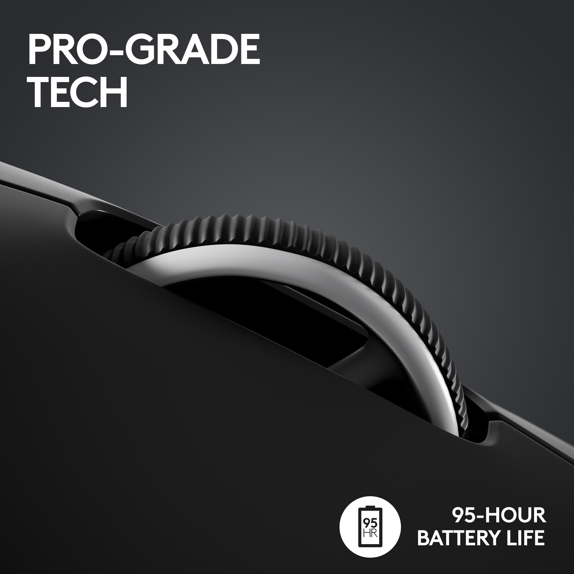 Schwarze Computermaus mit Scrollrad. Weißer Text sagt 'PRO-GRADE TECH' und '95-STUNDEN BATTERIELEBENSDAUER'.