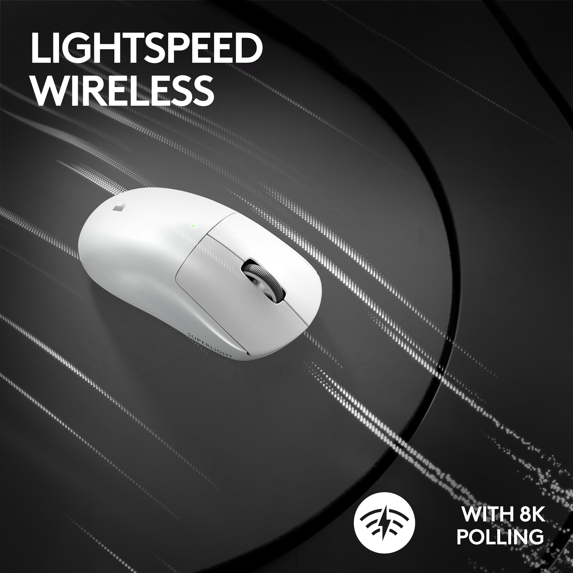 Weiße, kabellose Maus auf schwarzer Oberfläche. Oben steht 'LIGHTSPEED WIRELESS'. Unten rechts: 'WITH 8K POLLING'.