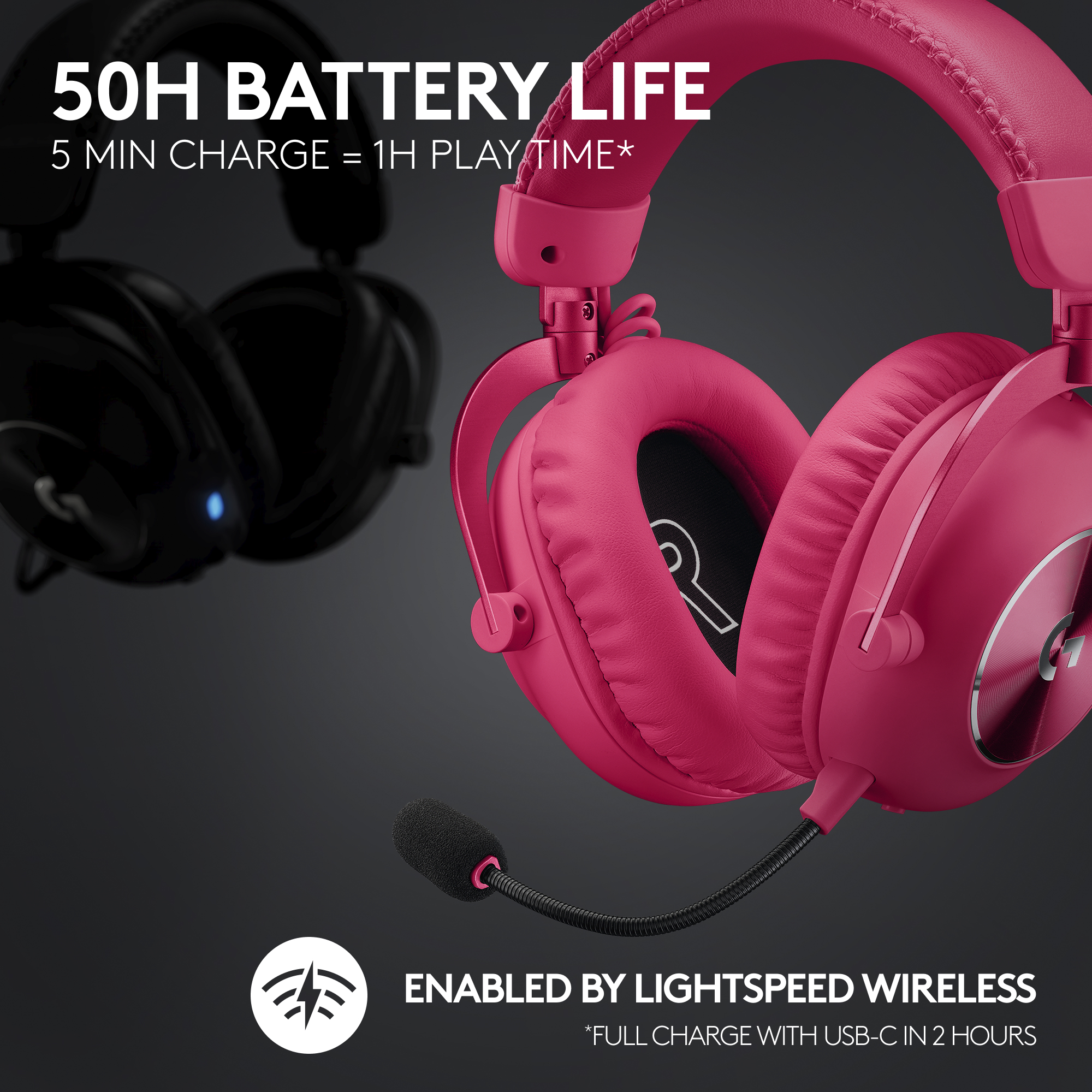 Cuffie da gioco wireless rosa con microfono. Offrono 50h di batteria e tecnologia Lightspeed Wireless.