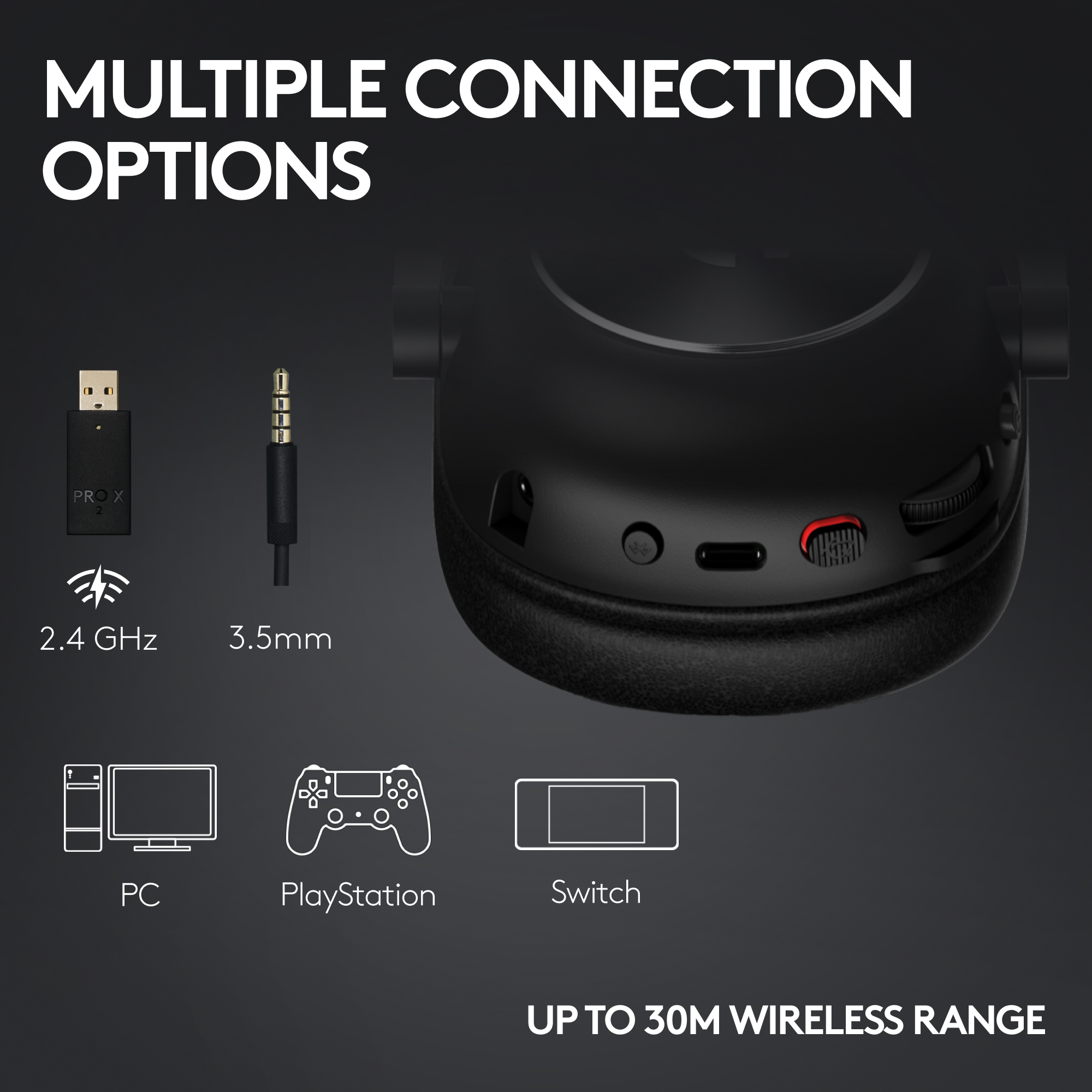 L'immagine mostra un'auricolare nera con diverse opzioni di connessione: 2,4 GHz, 3,5 mm, PC, PlayStation e Switch. Fino a 30 m di portata wireless.
