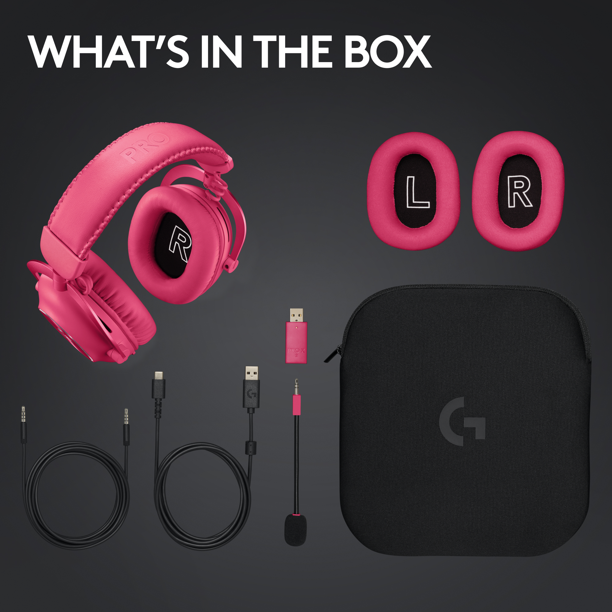 Cuffie rosa, cuscinetti, custodia, cavi, microfono e adattatore USB. Il testo "COSA C'È NELLA SCATOLA" è in alto.