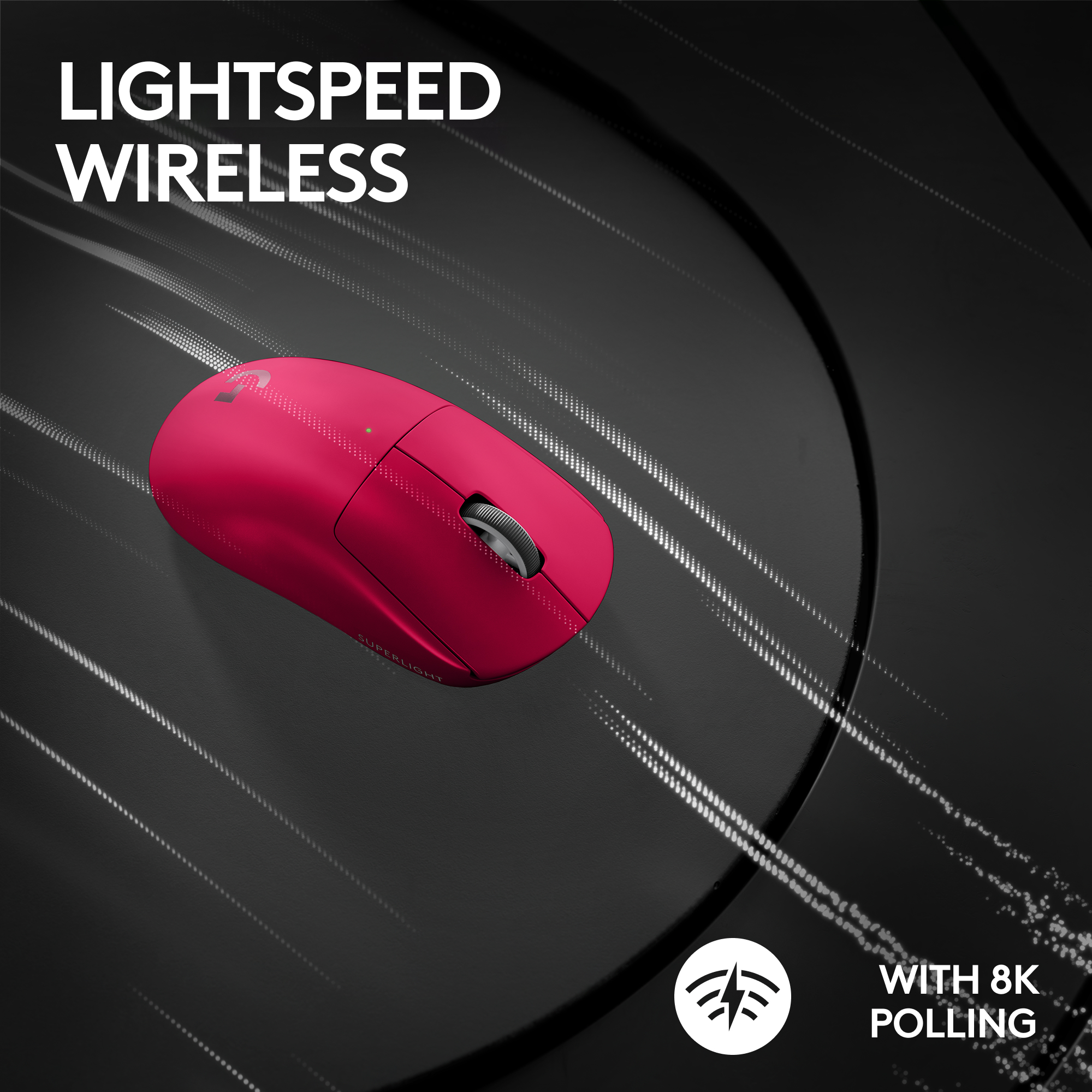 Une souris de jeu sans fil rose sur fond noir. Texte: LIGHTSPEED WIRELESS et WITH 8K POLLING.