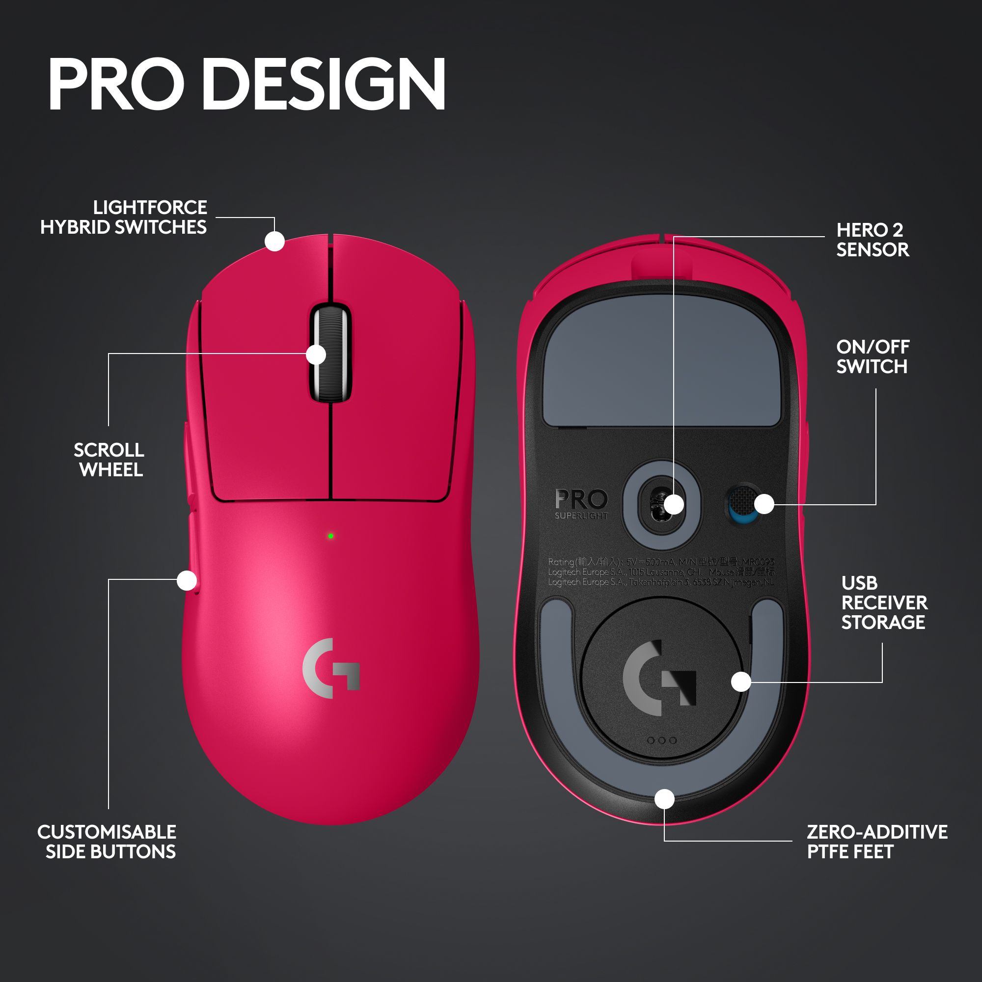 Image d'une souris Pro Superlight rose. Comprend des interrupteurs Lightforce, une molette de défilement, des boutons latéraux personnalisables.