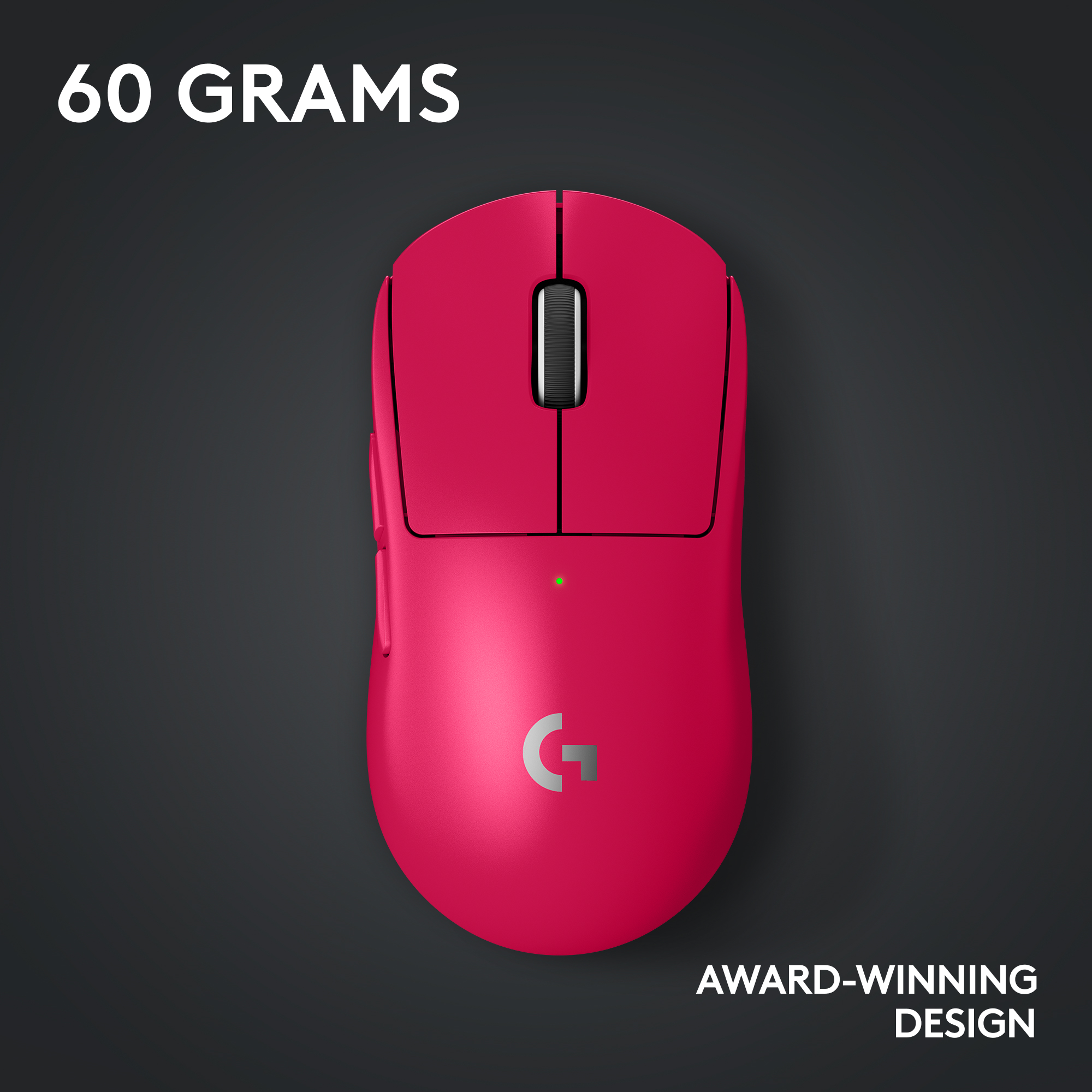 Une souris sans fil rose est centrée sur un fond gris foncé. Le texte "60 GRAMMES" et "CONCEPTION PRIMÉE" sont présents.