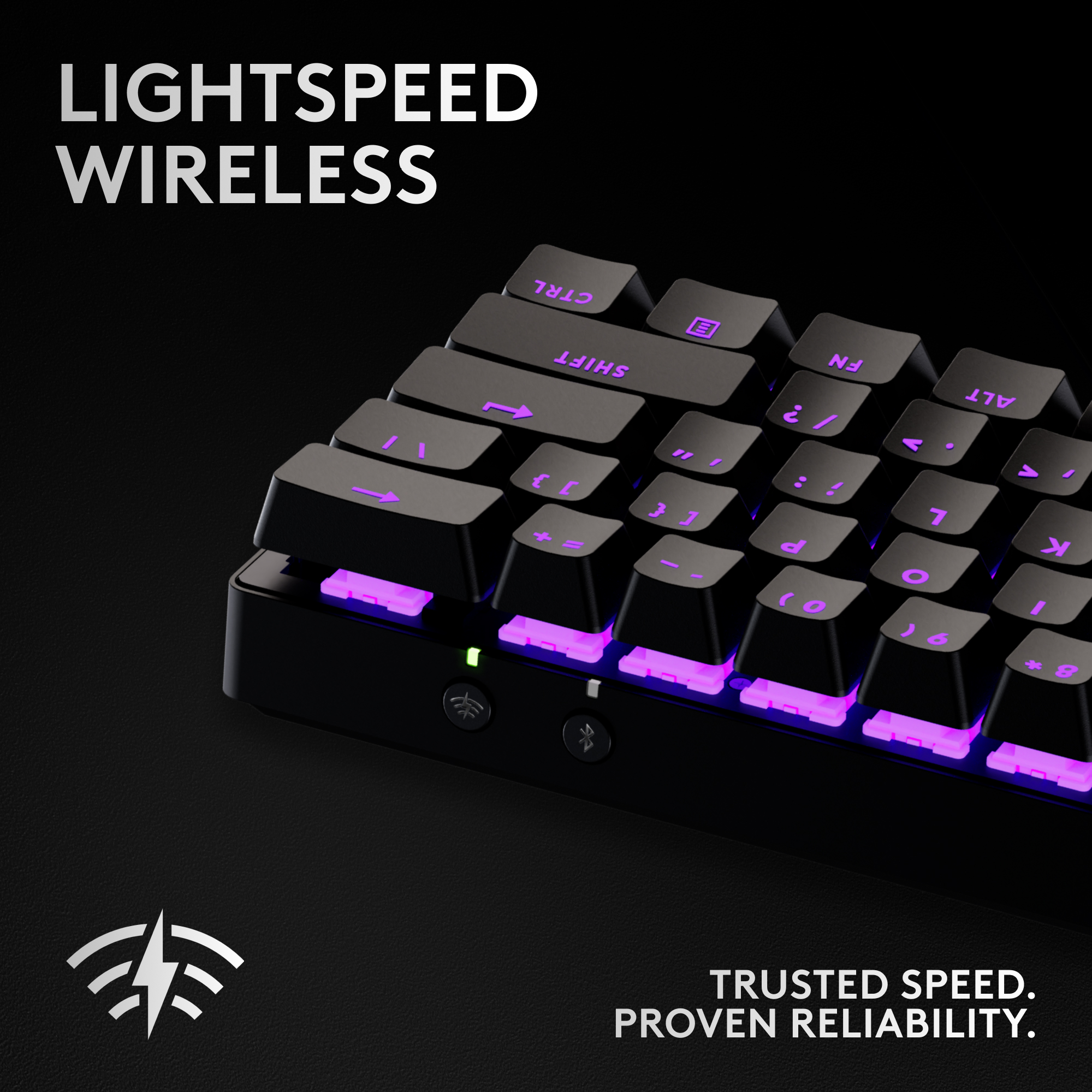 Tastiera nera con tasti retroilluminati viola. Il testo recita: 'LIGHTSPEED WIRELESS' e 'TRUSTED SPEED. PROVEN RELIABILITY.'