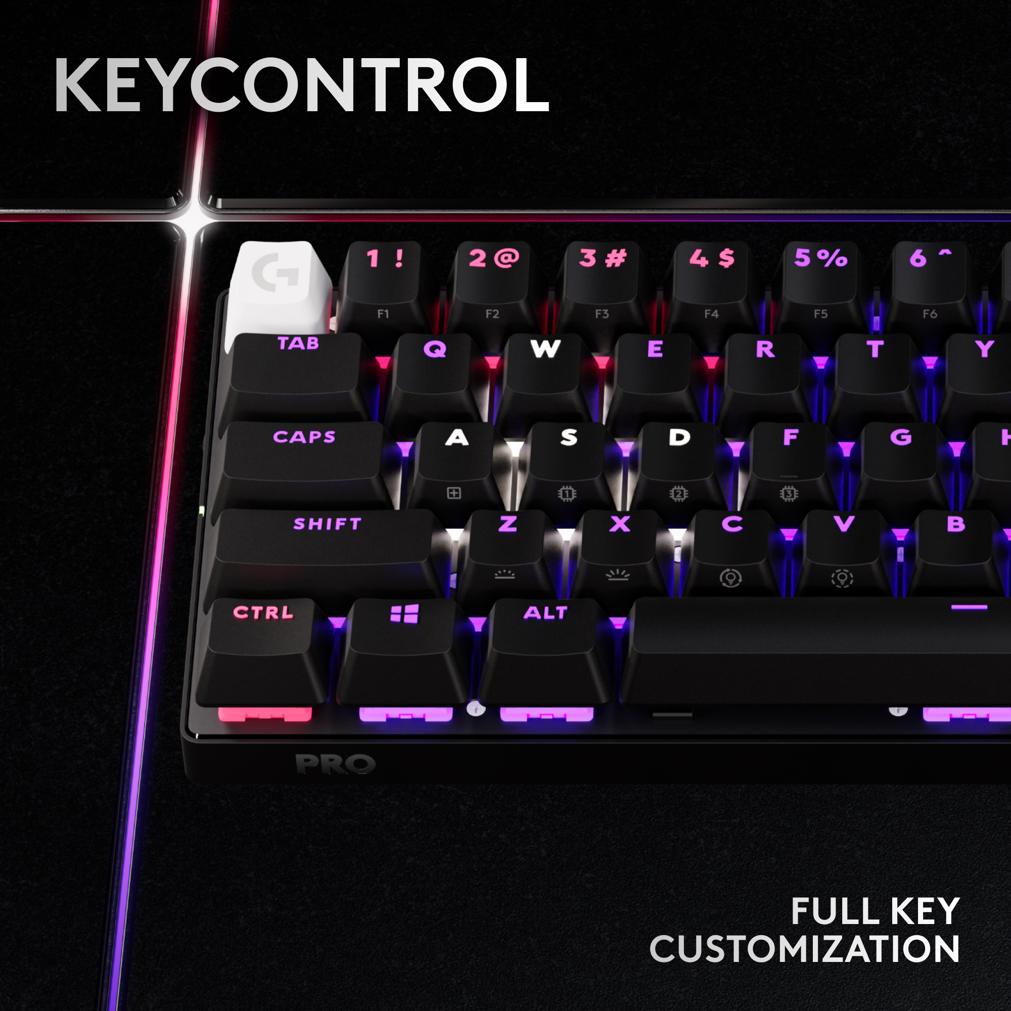 Primo piano di una tastiera meccanica nera con tasti illuminati. La parola KEYCONTROL è in alto. Personalizzazione completa dei tasti.
