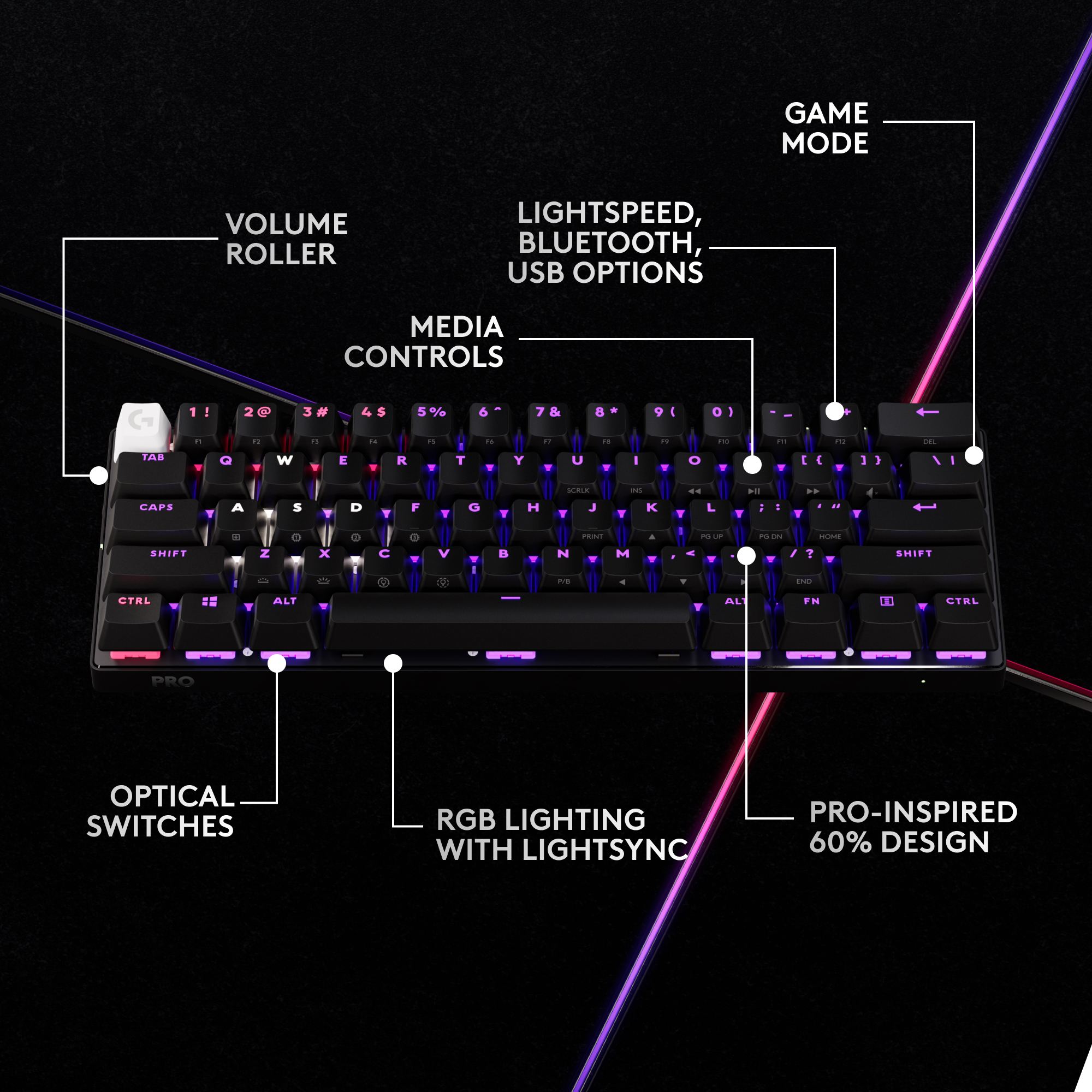 Tastiera da gaming nera con illuminazione RGB. Include rotella volume, controlli multimediali e switch ottici.