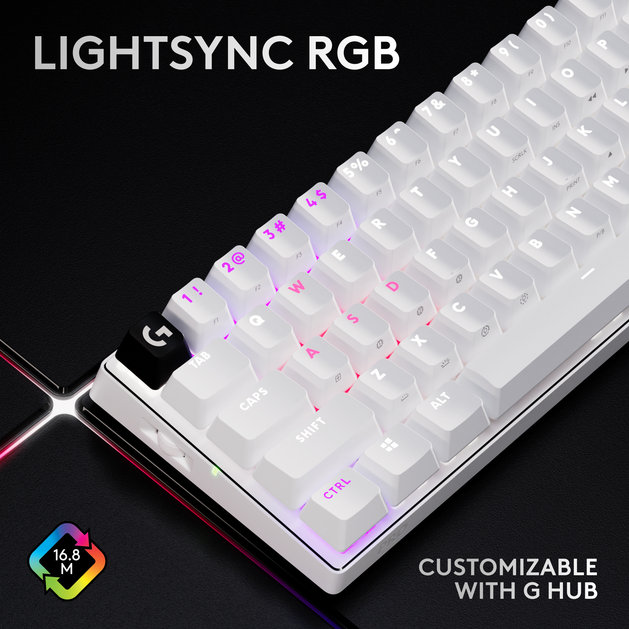 Tastiera bianca con tasti illuminati. Testo: LIGHTSYNC RGB, personalizzabile con G HUB. Sfondo nero.