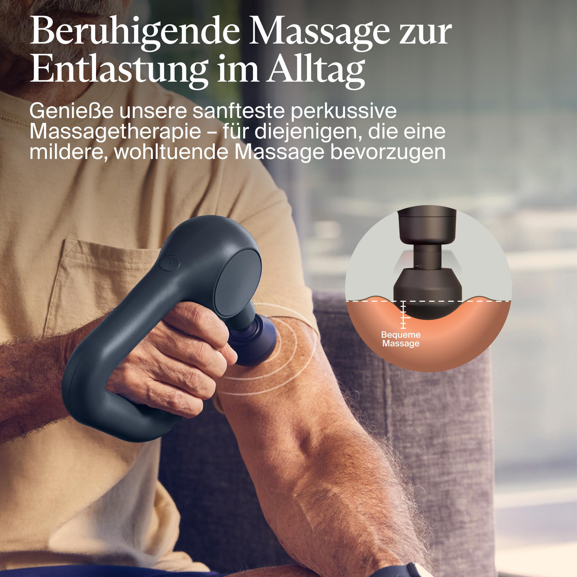 Eine Person benutzt eine Massagepistole an ihrem Arm. Text auf Deutsch beschreibt die Massage.