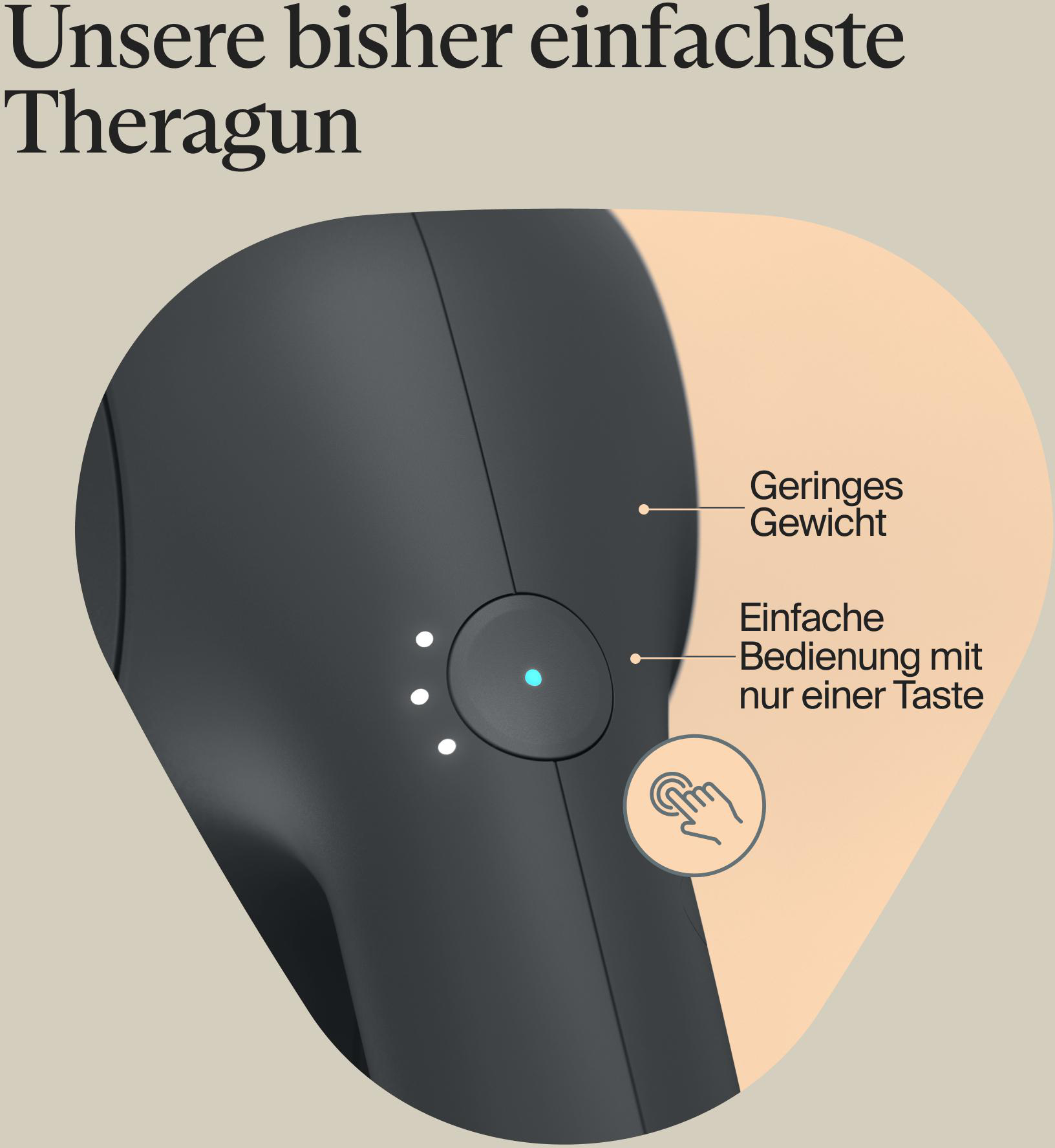 Schwarzes Theragun-Gerät mit Knöpfen, zeigt 'Geringes Gewicht' und 'Einfache Bedienung mit nur einer Taste' auf Pfirsichhintergrund.