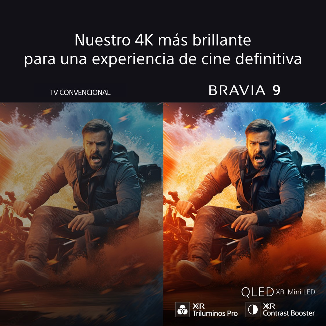 La imagen compara una pantalla de TV con un hombre en moto. El texto destaca '4K' y 'BRAVIA 9'. Incluye XR Triluminos Pro.