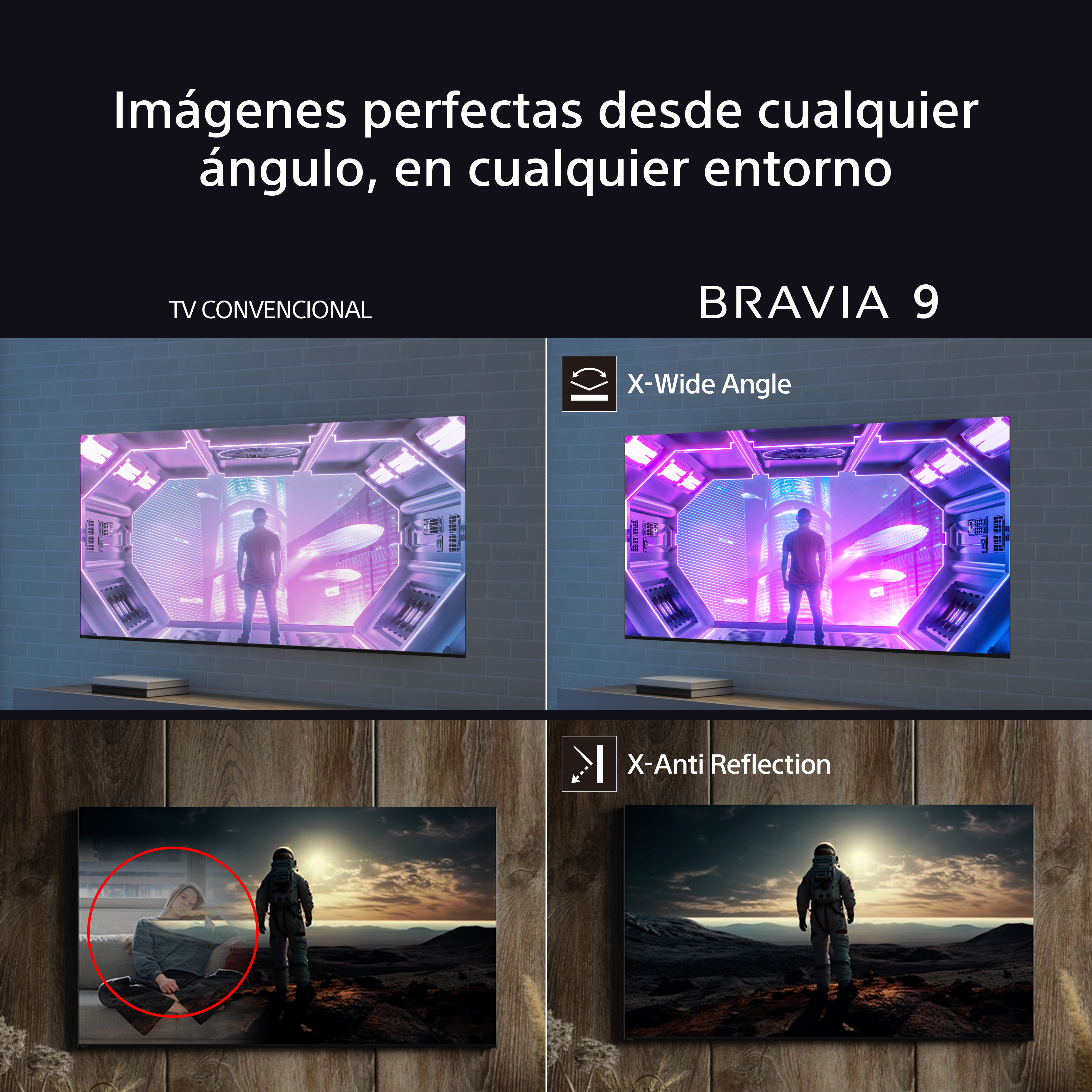 Un anuncio muestra un televisor con dos imágenes diferentes. La parte superior muestra a un hombre en un entorno futurista.
