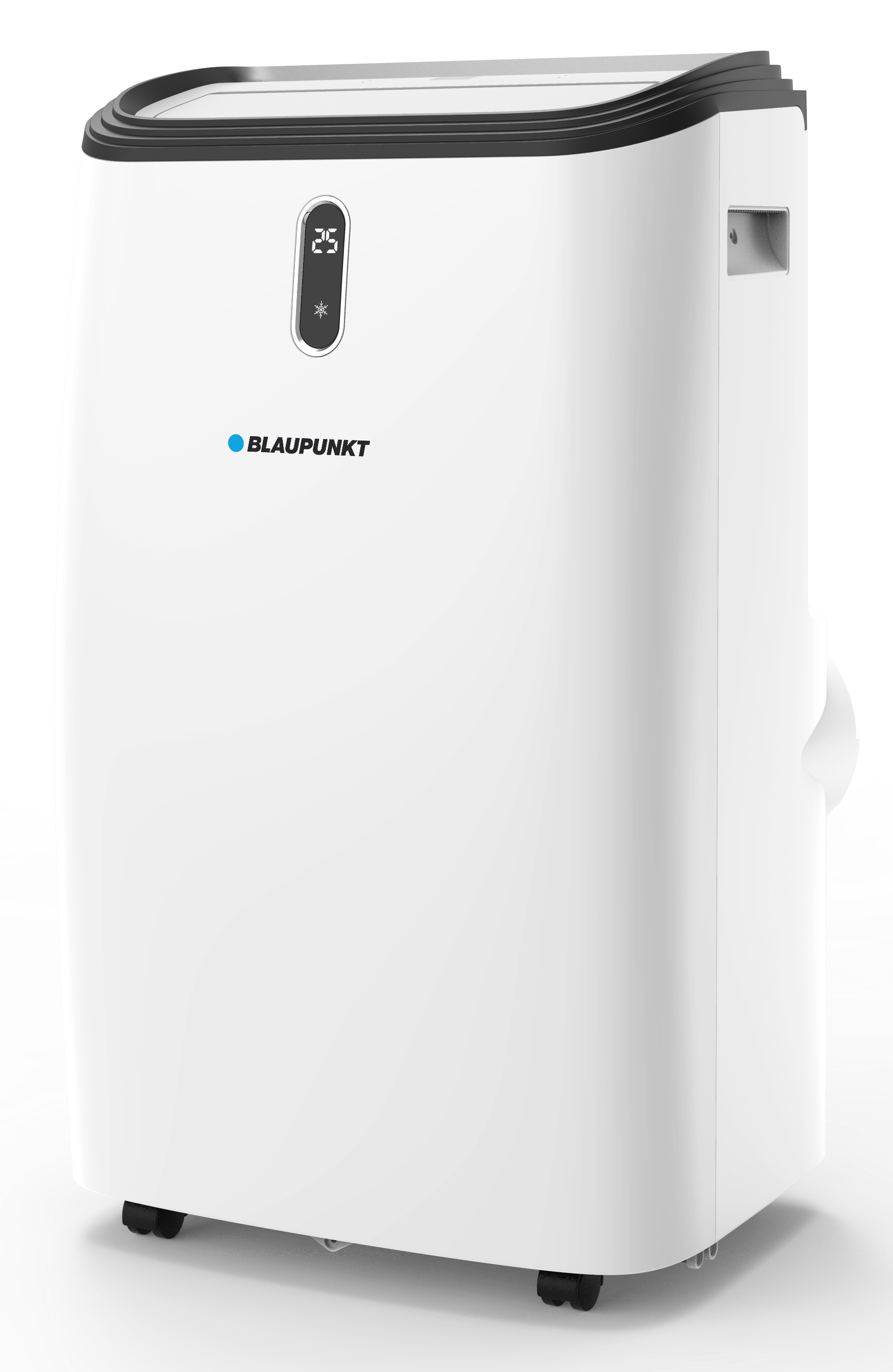 Biały klimatyzator Blaupunkt. Posiada wyświetlacz cyfrowy pokazujący 25 stopni, kółka i czarną pokrywę.