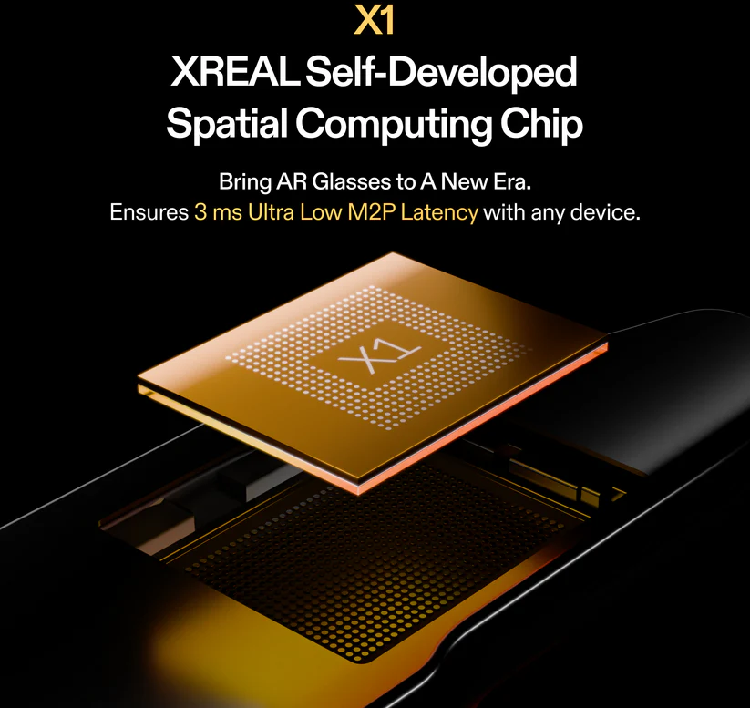 Az X1 chip látható, szöveggel fekete háttéren. Kiemeli az AR szemüvegek alacsony késleltetését.
