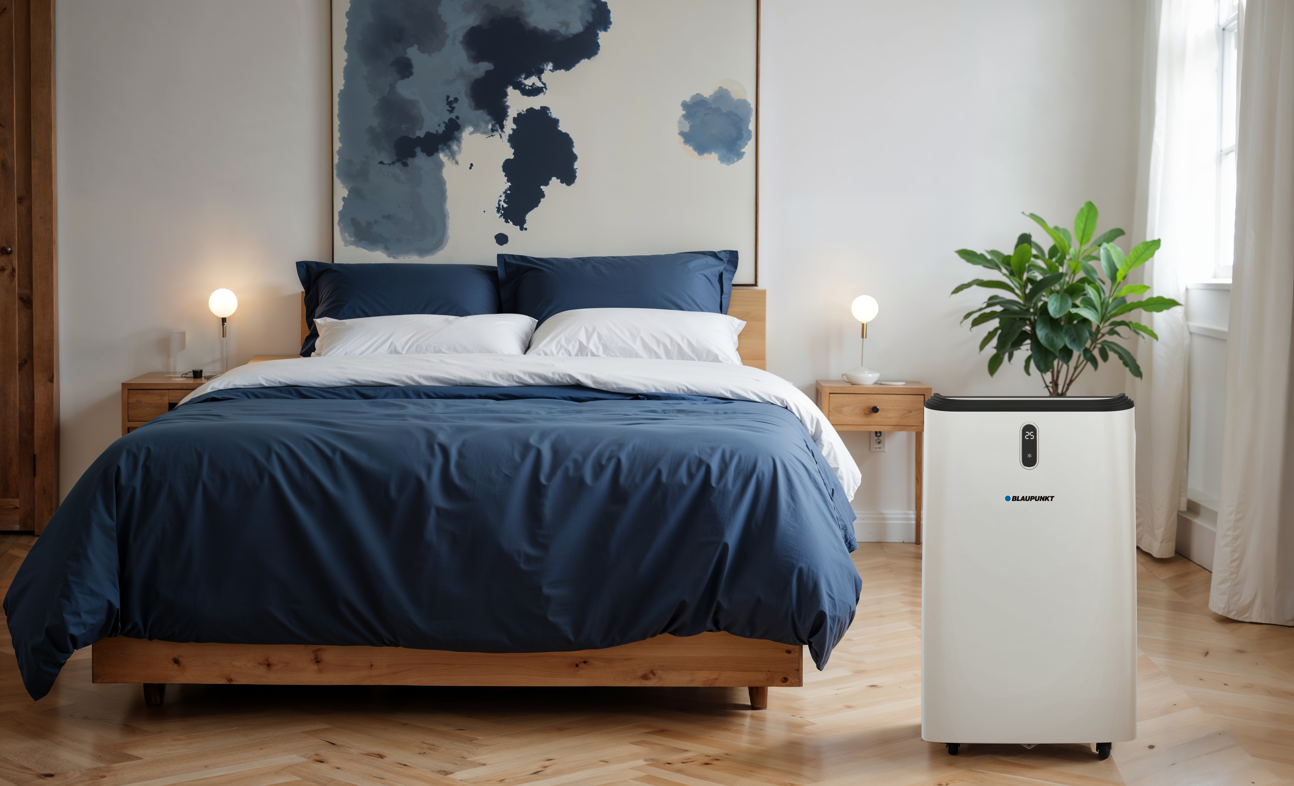 Sypialnia z łóżkiem, dziełem sztuki i oczyszczaczem powietrza. Łóżko ma niebieską pościel i białe prześcieradła. Dzieło sztuki jest niebieskie abstrakcyjne. Oczyszczacz powietrza jest biały.