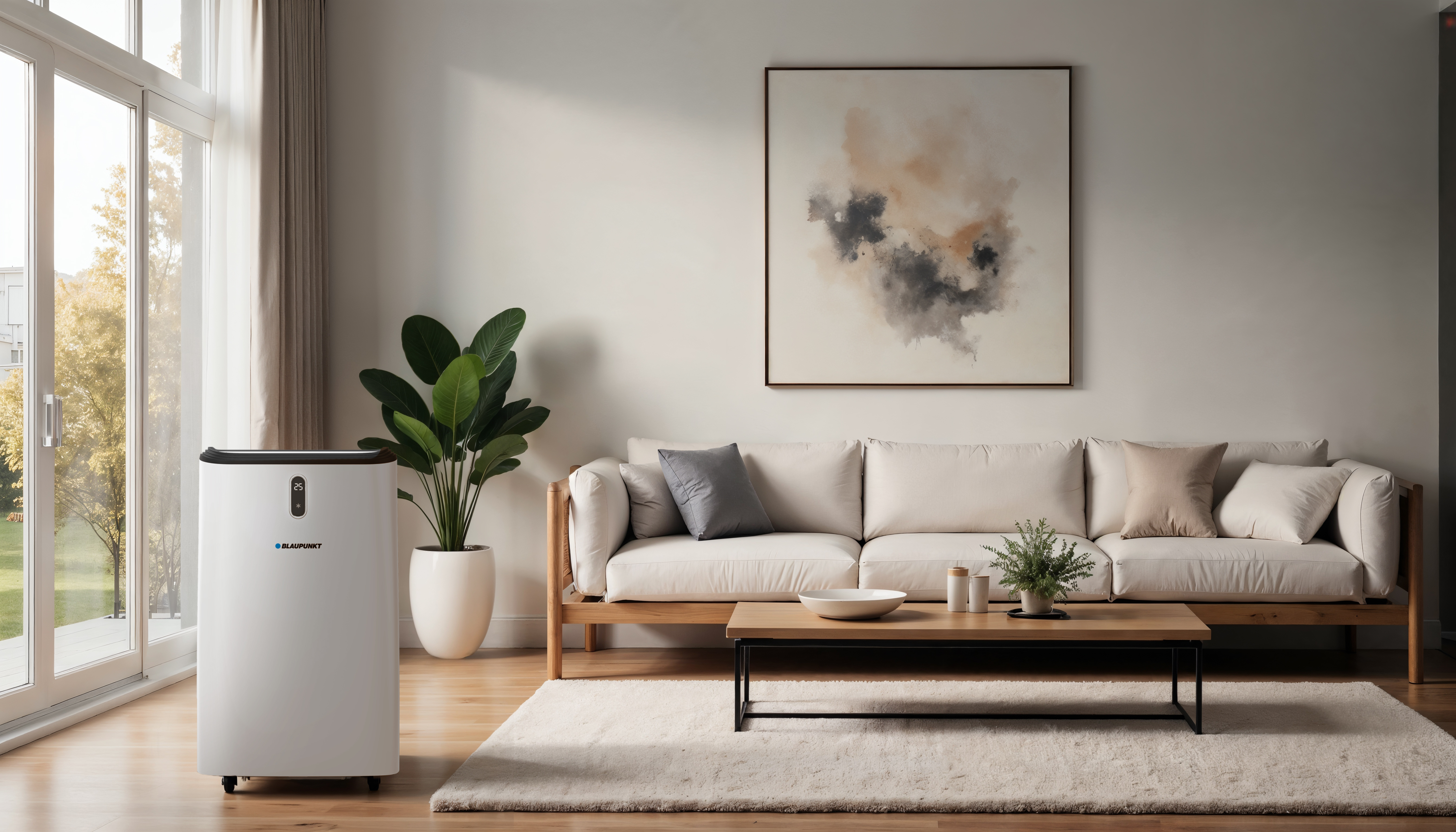 Nowoczesny salon z białą sofą, drewnianym stołem i abstrakcyjnym obrazem na ścianie. Zawiera biały oczyszczacz powietrza.