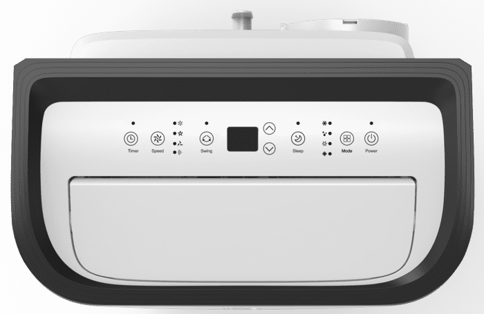 Biało-szary panel sterowania klimatyzacją. Przyciski obejmują timer, prędkość, obrót, uśpienie, tryb i zasilanie. Obecny jest mały wyświetlacz.