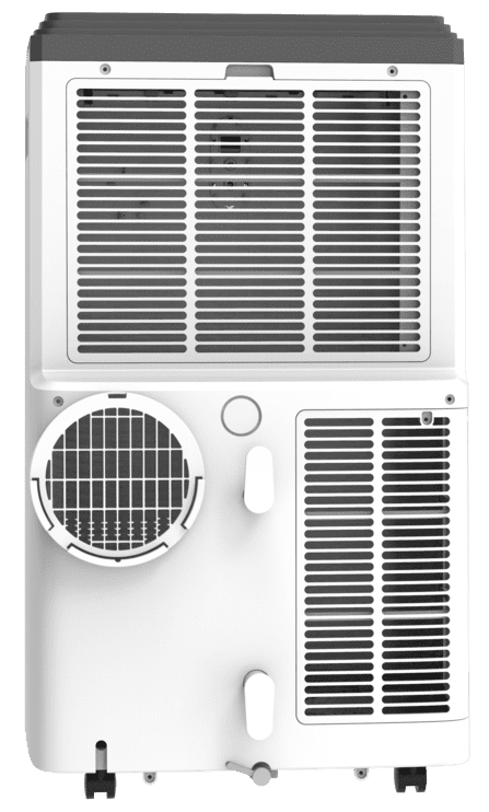 Biały przenośny klimatyzator z szarą górą i czarnymi kołami. Posiada otwory wentylacyjne i okrągły wentylator.