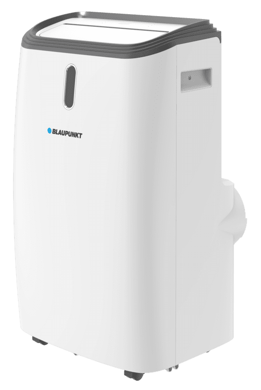 Biały klimatyzator Blaupunkt. Ma szarą górę i boczny uchwyt. Posiada pionową lampkę kontrolną i logo marki.