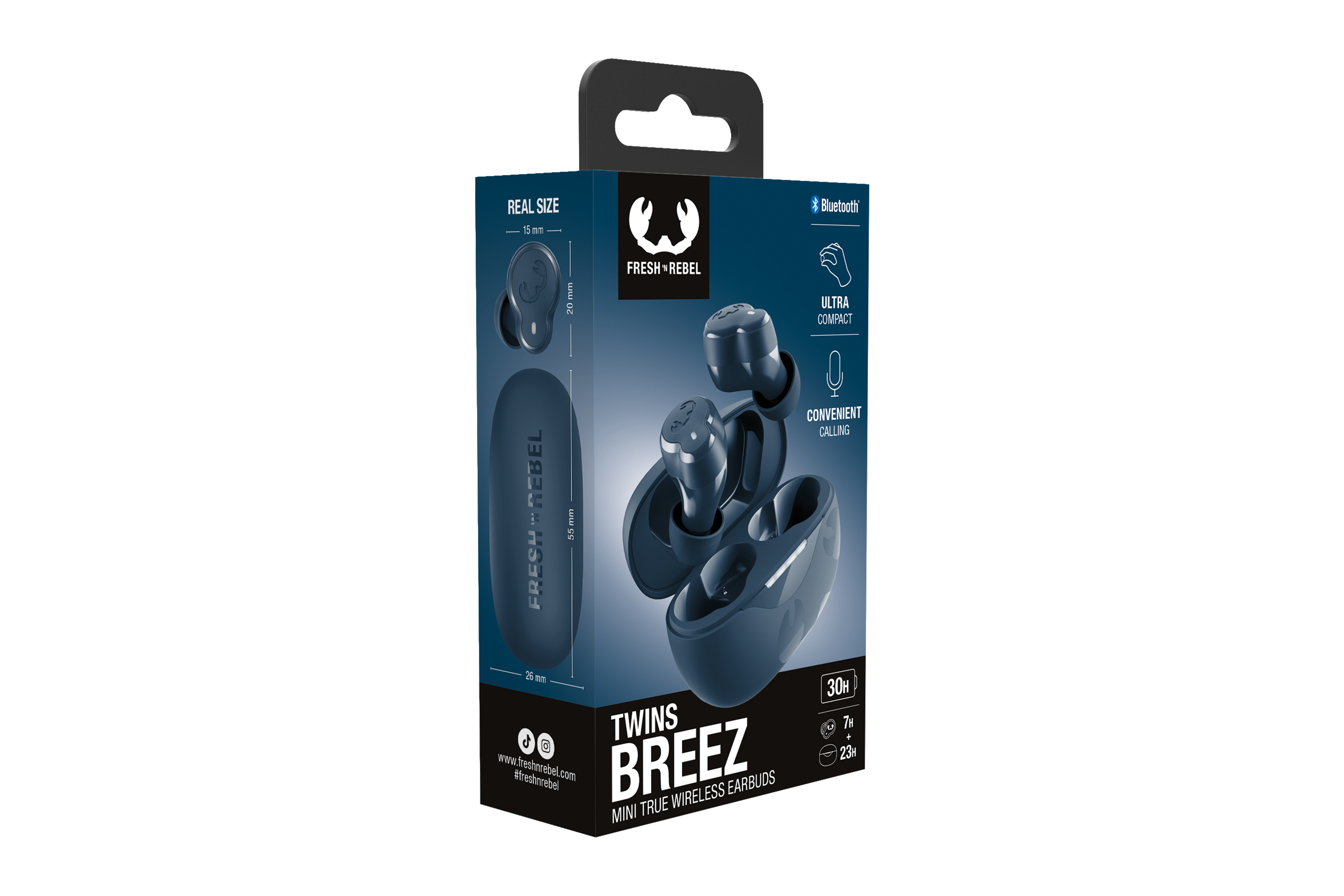 Mavi kulaklıklı kutu. Kutu, kulaklıkları, markayı ve Bluetooth ve ultra kompakt tasarım gibi özellikleri gösterir.