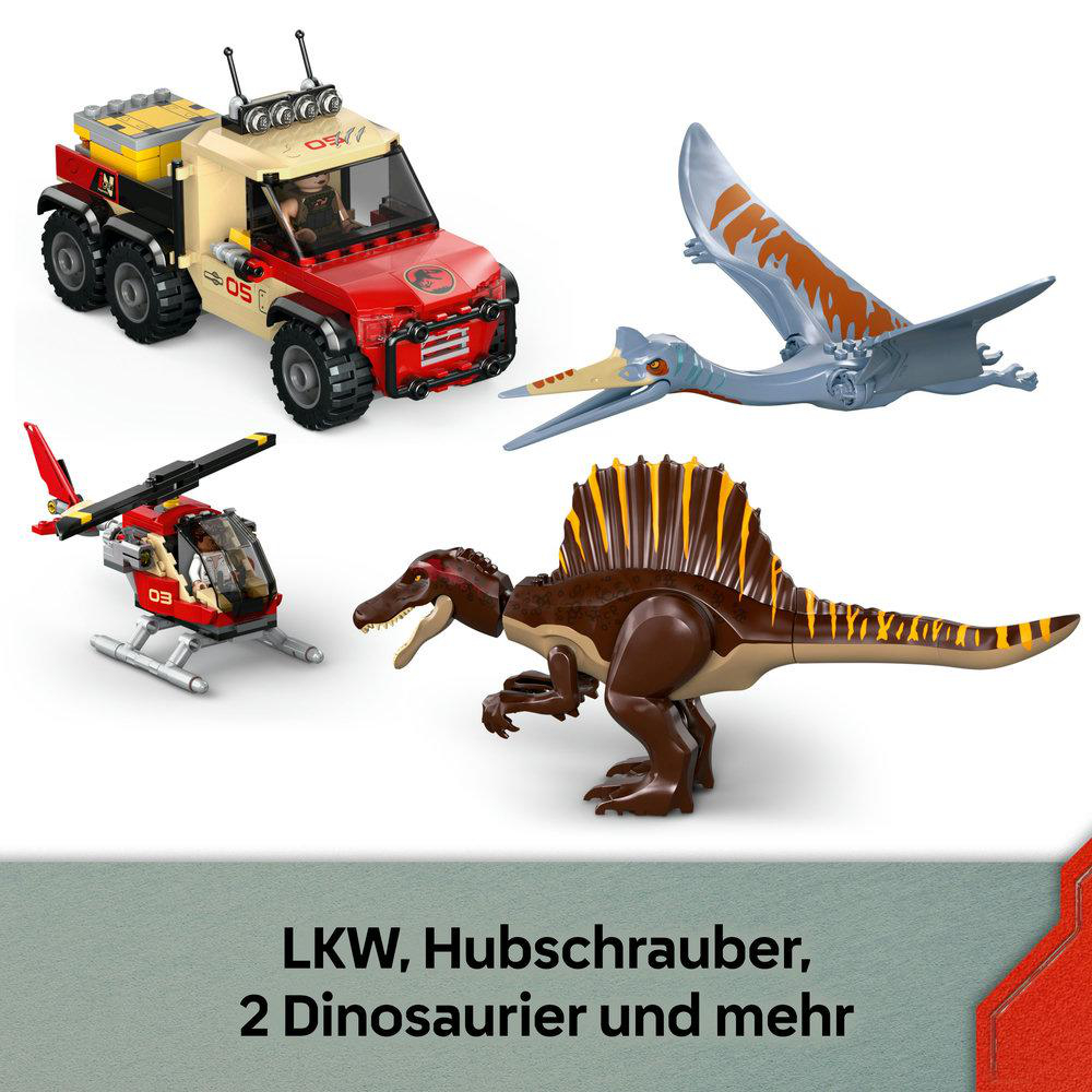 Ein Spielzeug-LKW, Hubschrauber, Pterodactylus und zwei Dinosaurier werden gezeigt. Der Hintergrund ist weiß mit Text unten.