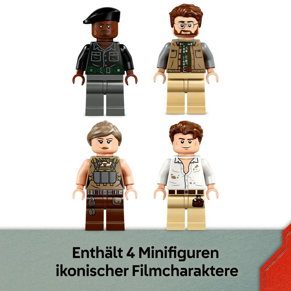 Vier Lego-Minifiguren in einem Werbebild. Sie sind in verschiedenen Outfits gekleidet. Der Text unten lautet 'Enthält 4 ikonische Filmcharaktere'.