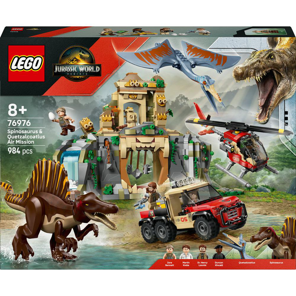Eine Lego Jurassic World-Set-Box zeigt einen Spinosaurus, Quetzalcoatlus, Hubschrauber, LKW und Minifiguren in der Nähe eines Tempels.