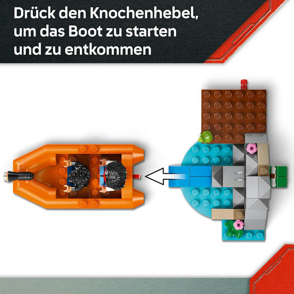 Ein Lego-Boot und eine Struktur sind durch einen Pfeil verbunden. Das Boot ist orange, die Struktur hat blaue und braune Blöcke.