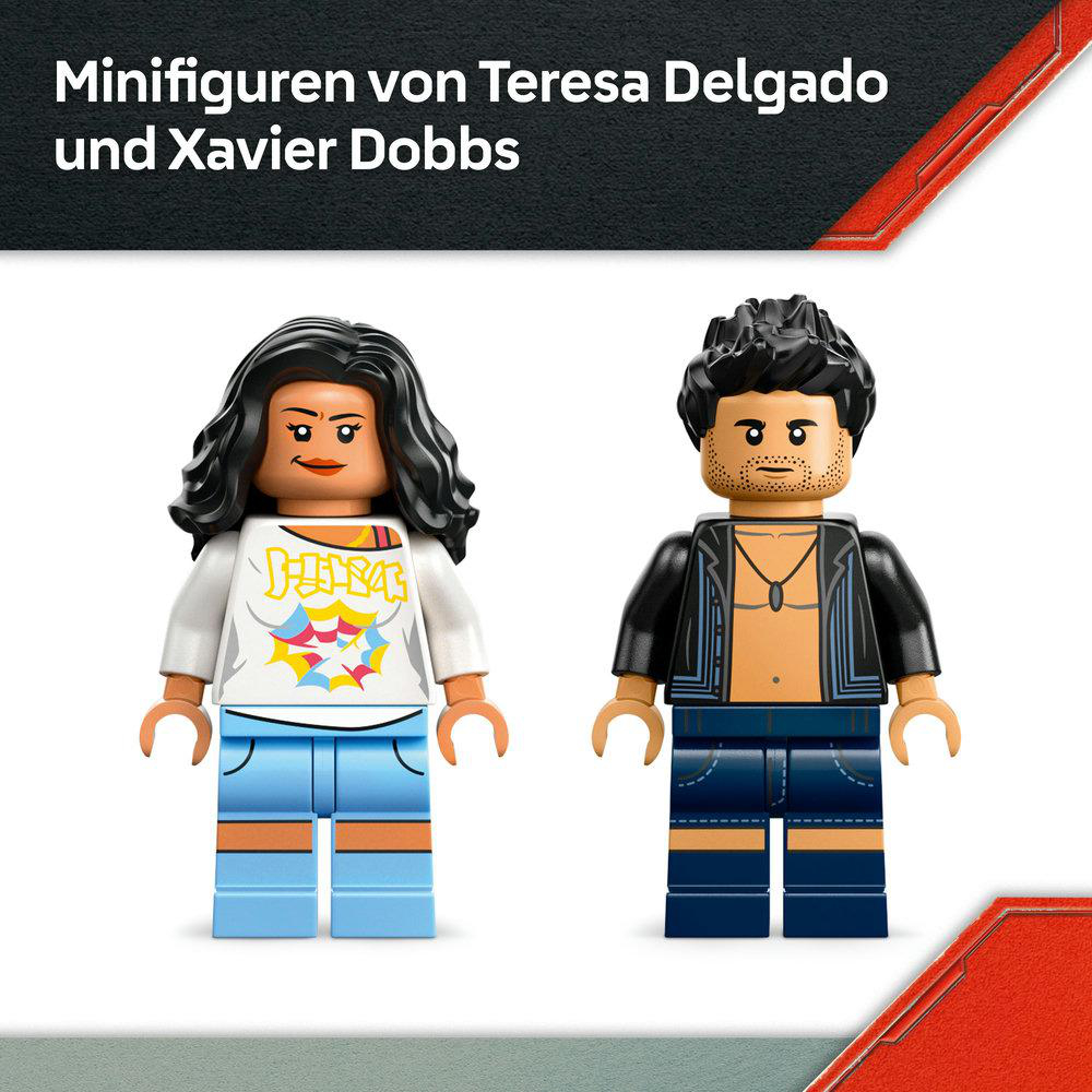 Zwei Lego-Minifiguren. Eine Frau mit schwarzen Haaren und einem weißen Hemd und ein Mann mit schwarzen Haaren und offener Jacke.