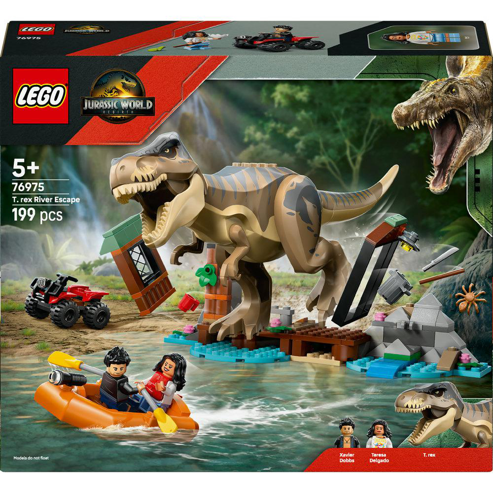 LEGO Jurassic World Set. Ein T-Rex greift eine Szene mit einem Boot, Figuren und einem roten Fahrzeug an. Der Set-Name ist T. rex River Escape.
