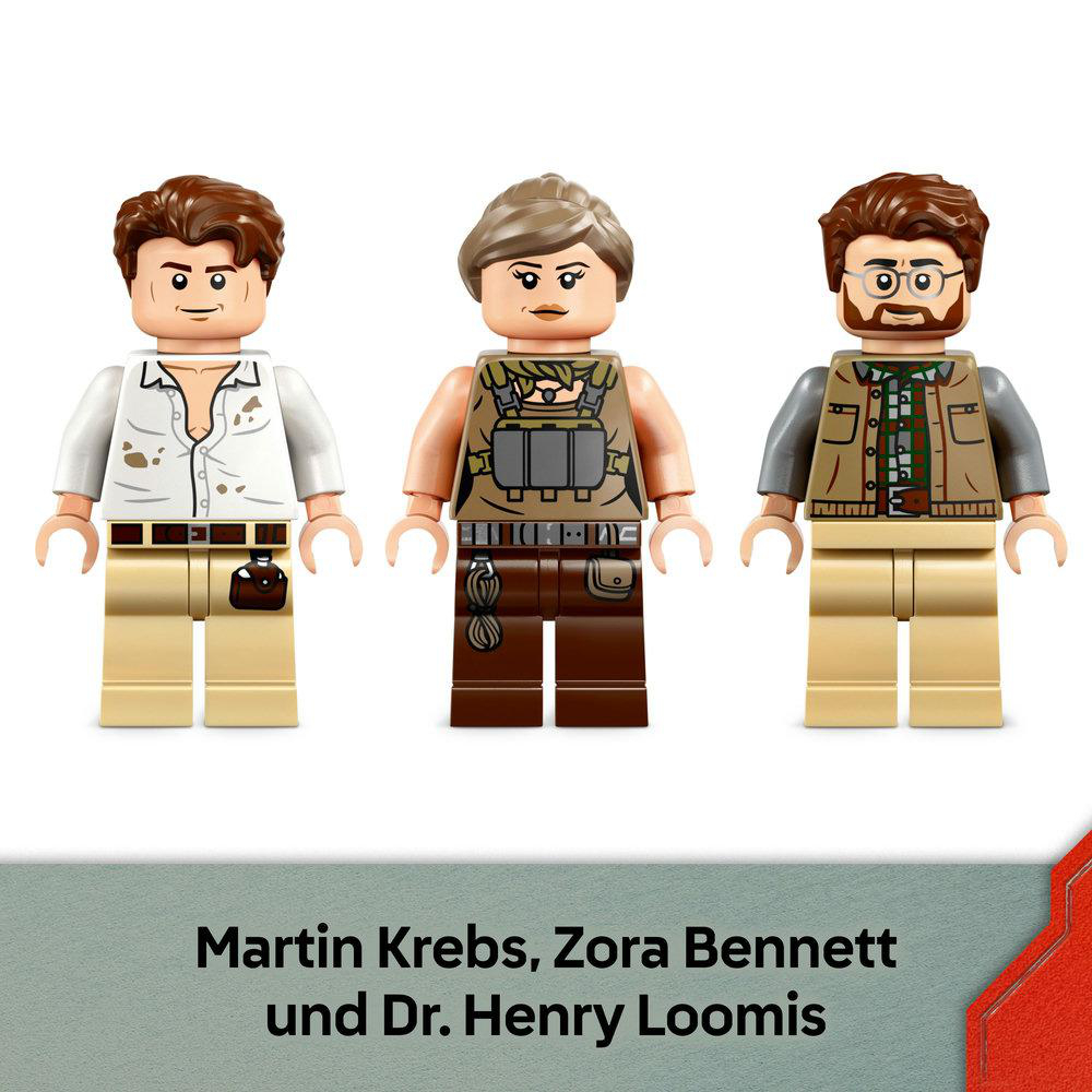 Drei Lego-Figuren: Mann mit offenem Hemd, Frau mit Militärausrüstung und Mann mit Brille. Namen: Martin Krebs, Zora Bennett, Dr. Henry Loomis.