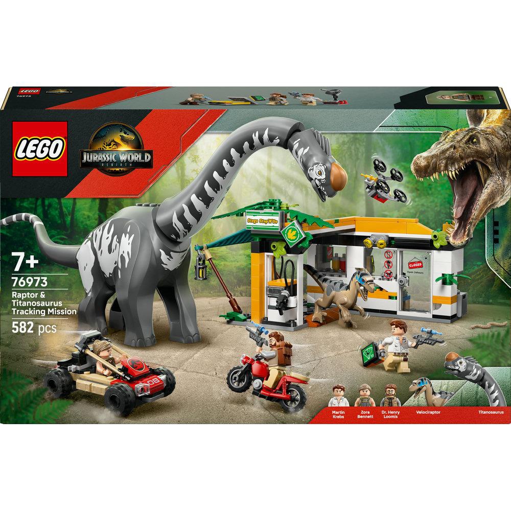 Ein Lego Jurassic World Set zeigt einen Dinosaurier, Fahrzeuge und Figuren. Die Box zeigt einen Dinosaurier und ein Gebäude mit Schildern.